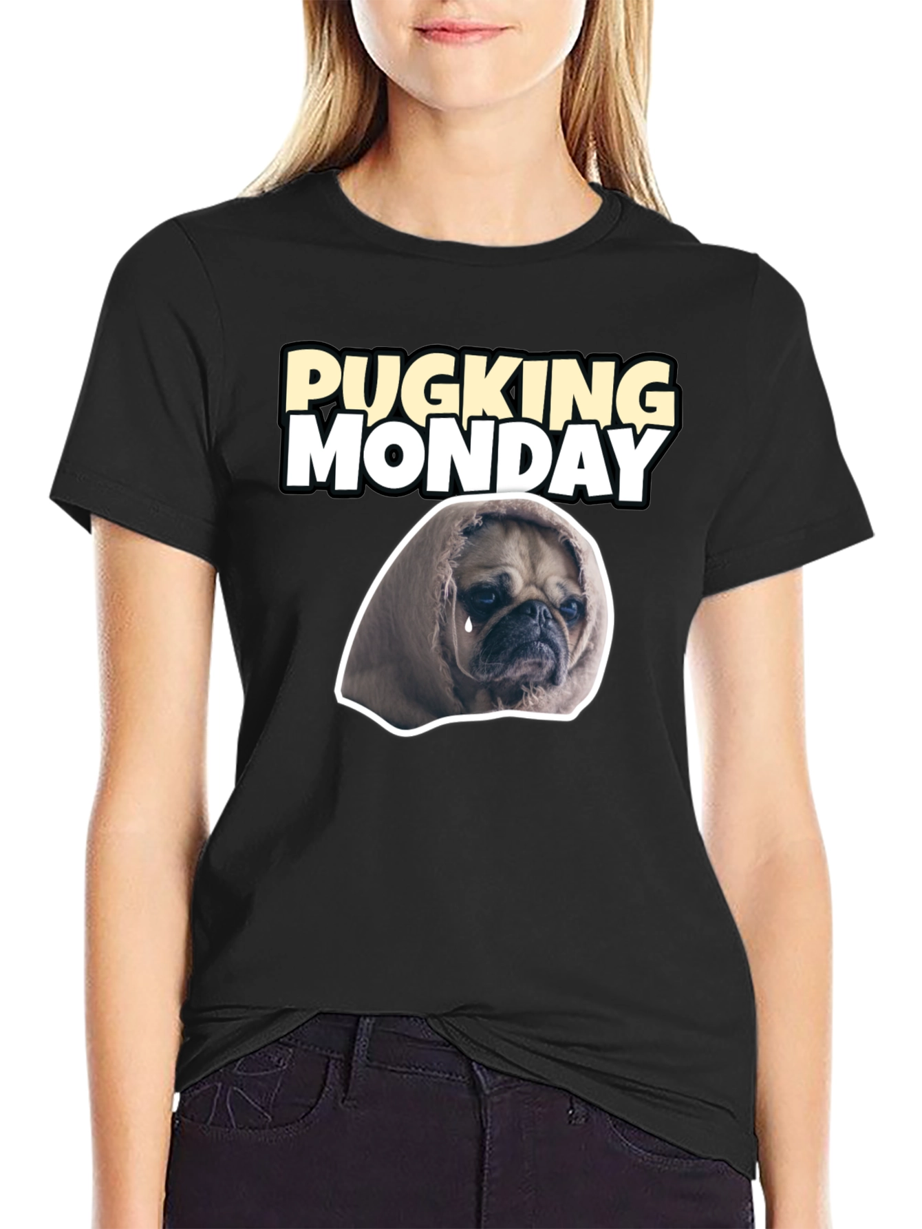 Black Pucking Monday Sad Pug Graphic T-Shirt view 2