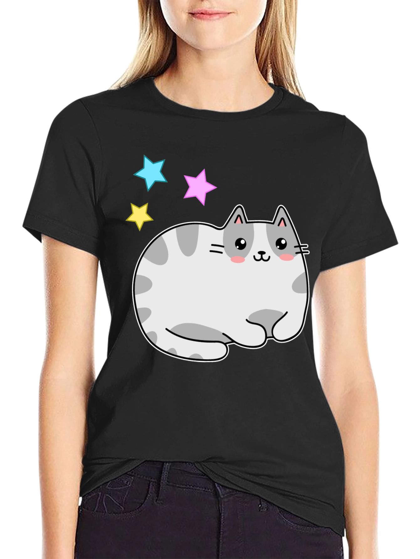 Black Cute Kawaii Cat Stars Graphic T-Shirt view 2