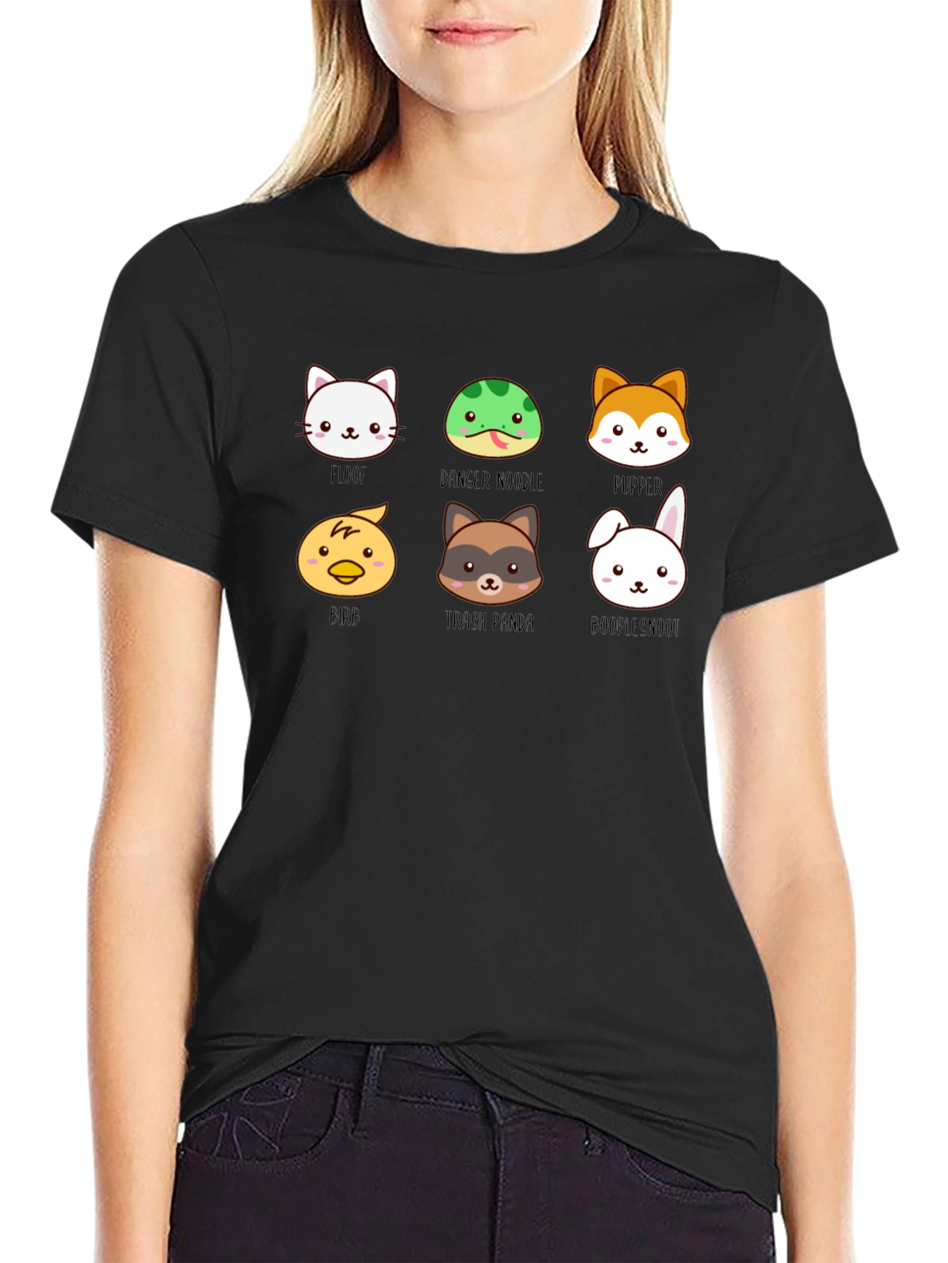 Black Cute Animal Faces Black T-Shirt view 2