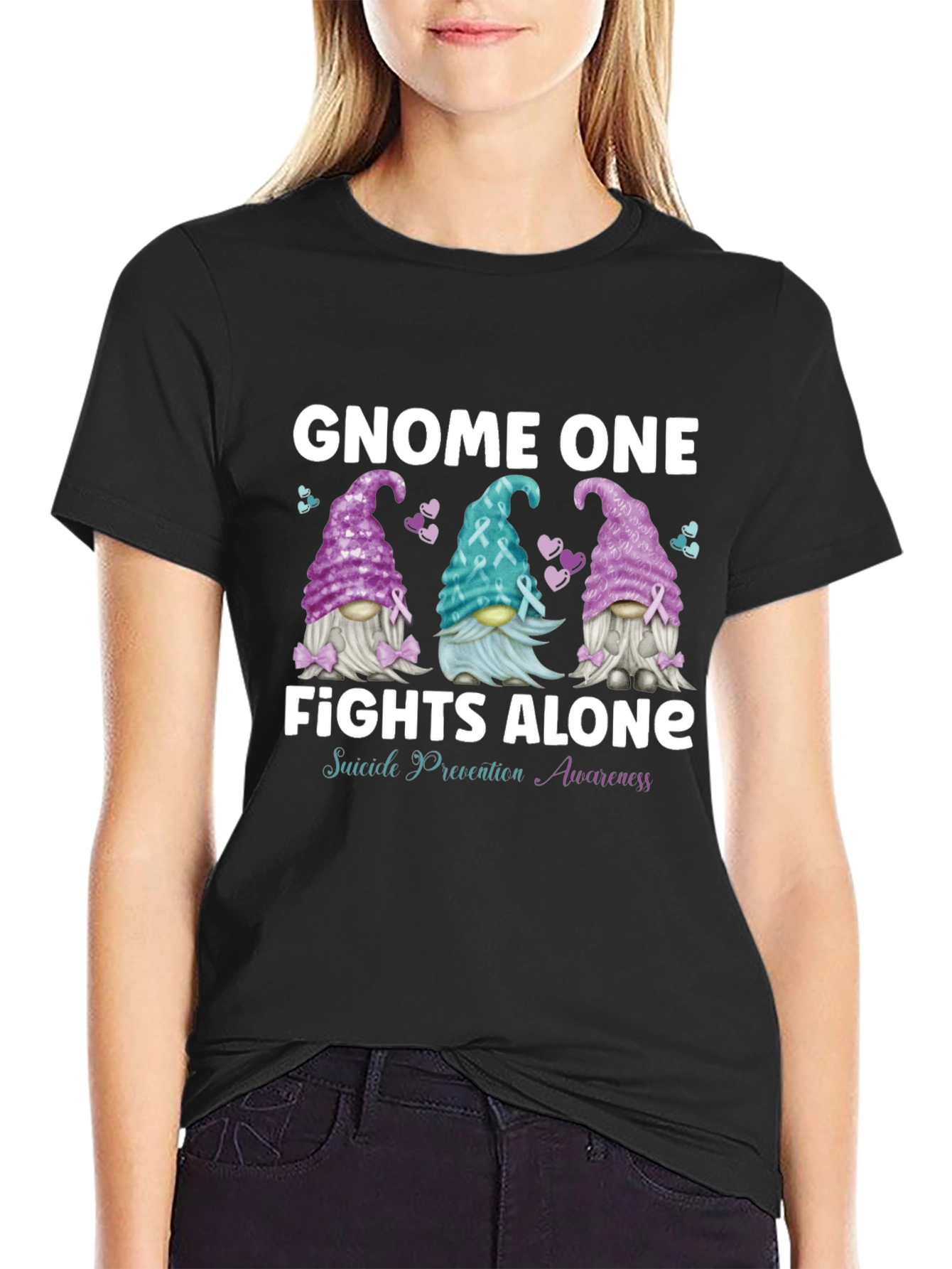 Black Gnome One Fights Alone Suicide Awareness T-Shirt view 2