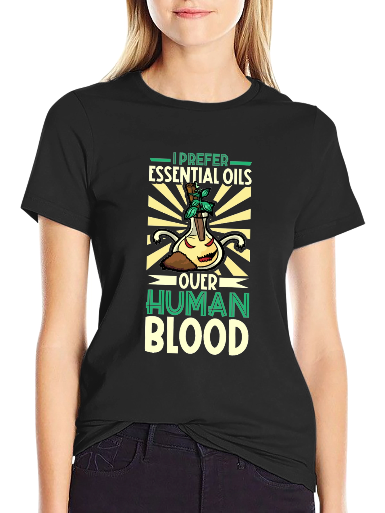 Black Essential Oils Over Human Blood T-Shirt view 2
