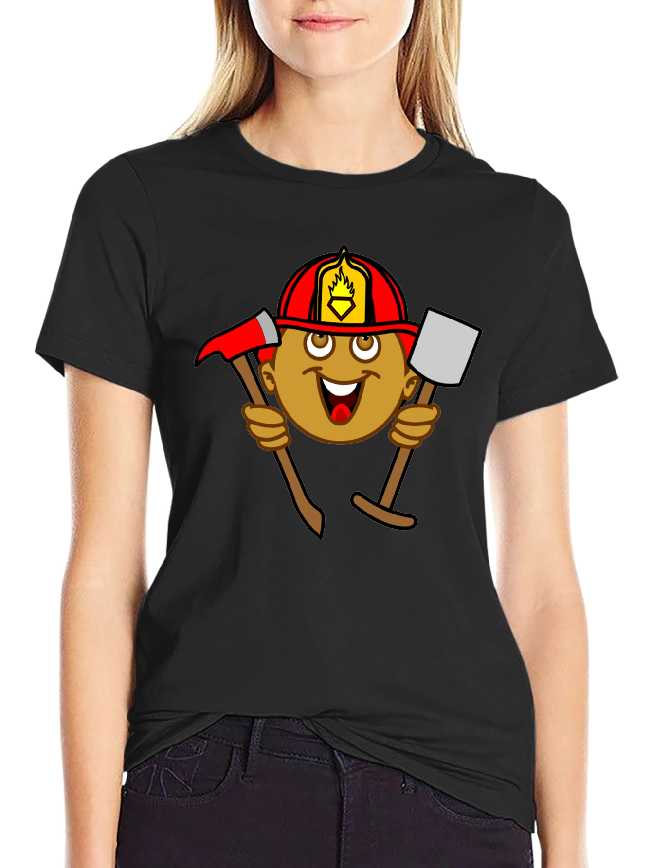 Black Firefighter Cartoon Graphic Tee - Black view 2
