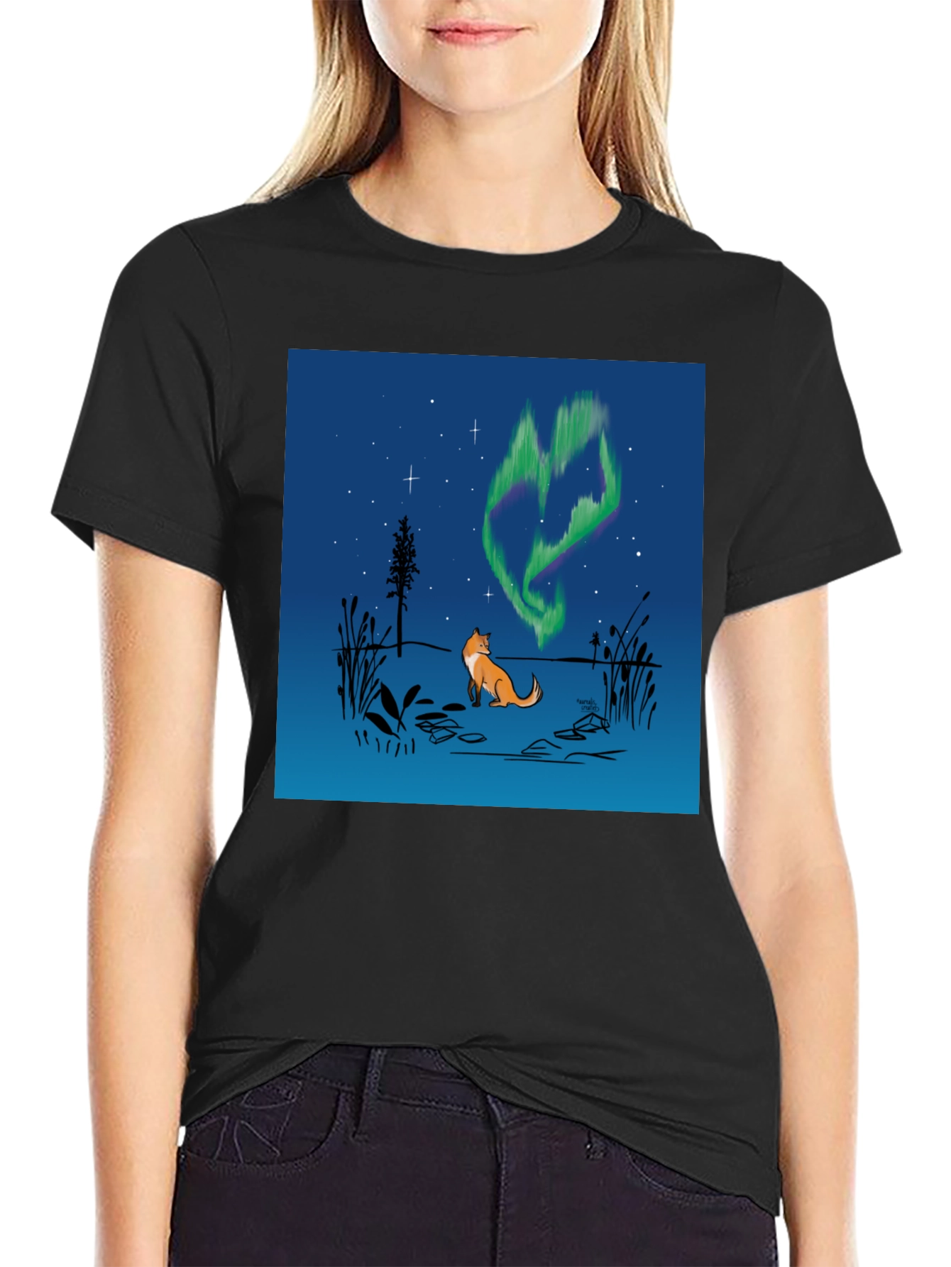 Black Fox & Aurora Borealis Graphic Tee view 2
