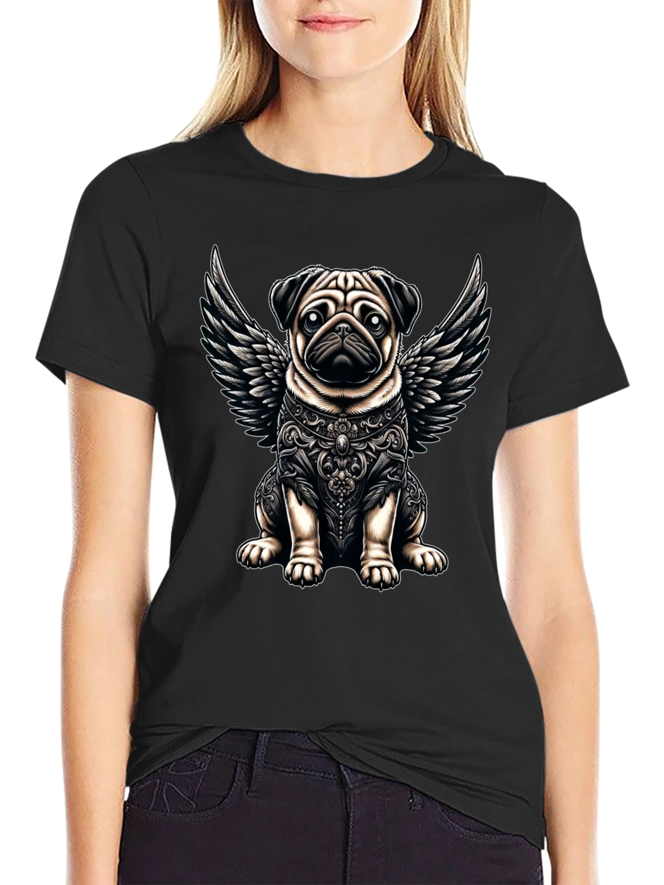 Black Angel Pug Graphic Tee - Stylish Black T-Shirt view 2