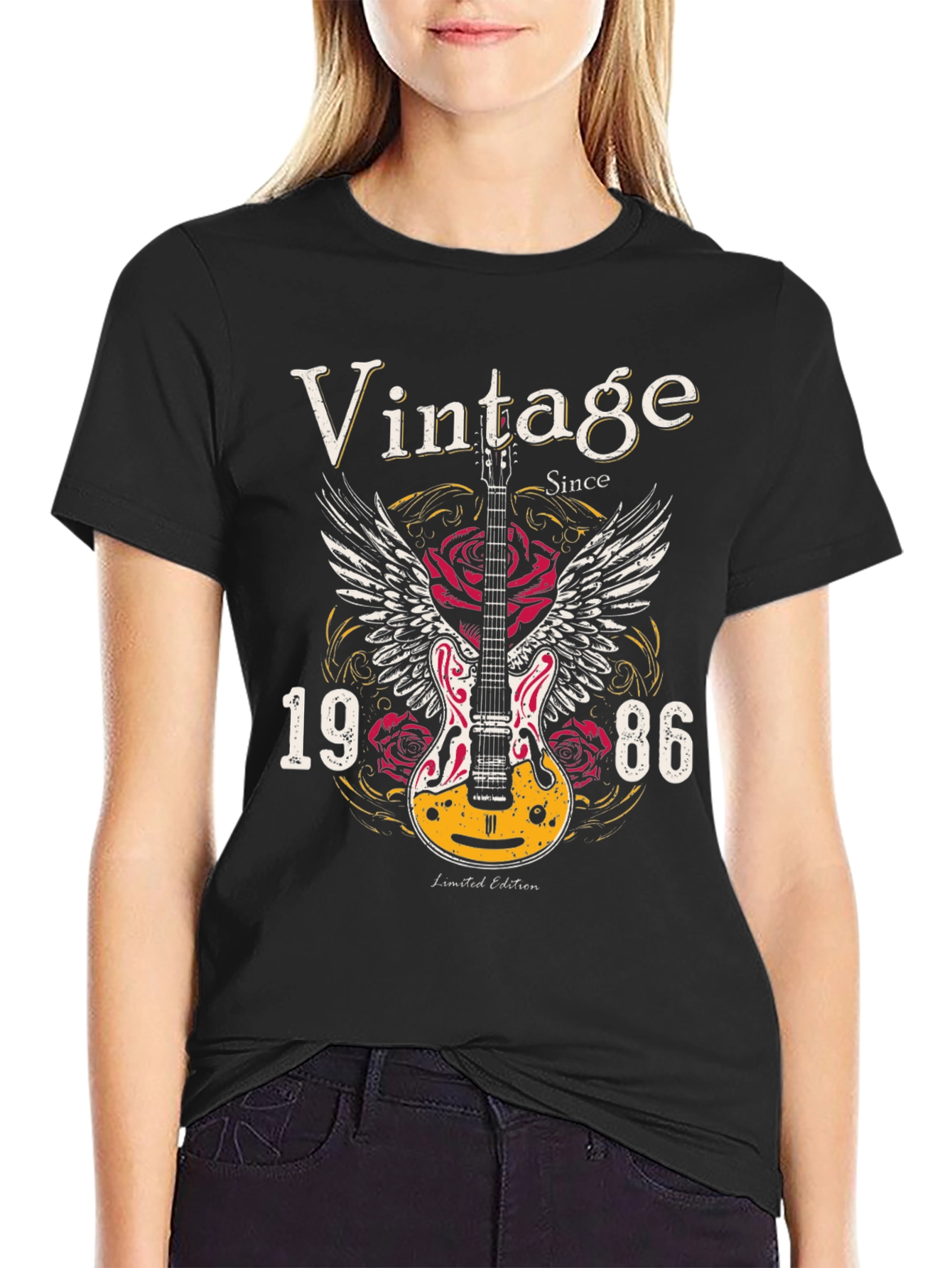 Black Vintage 1986 Guitar Wings T-Shirt view 2