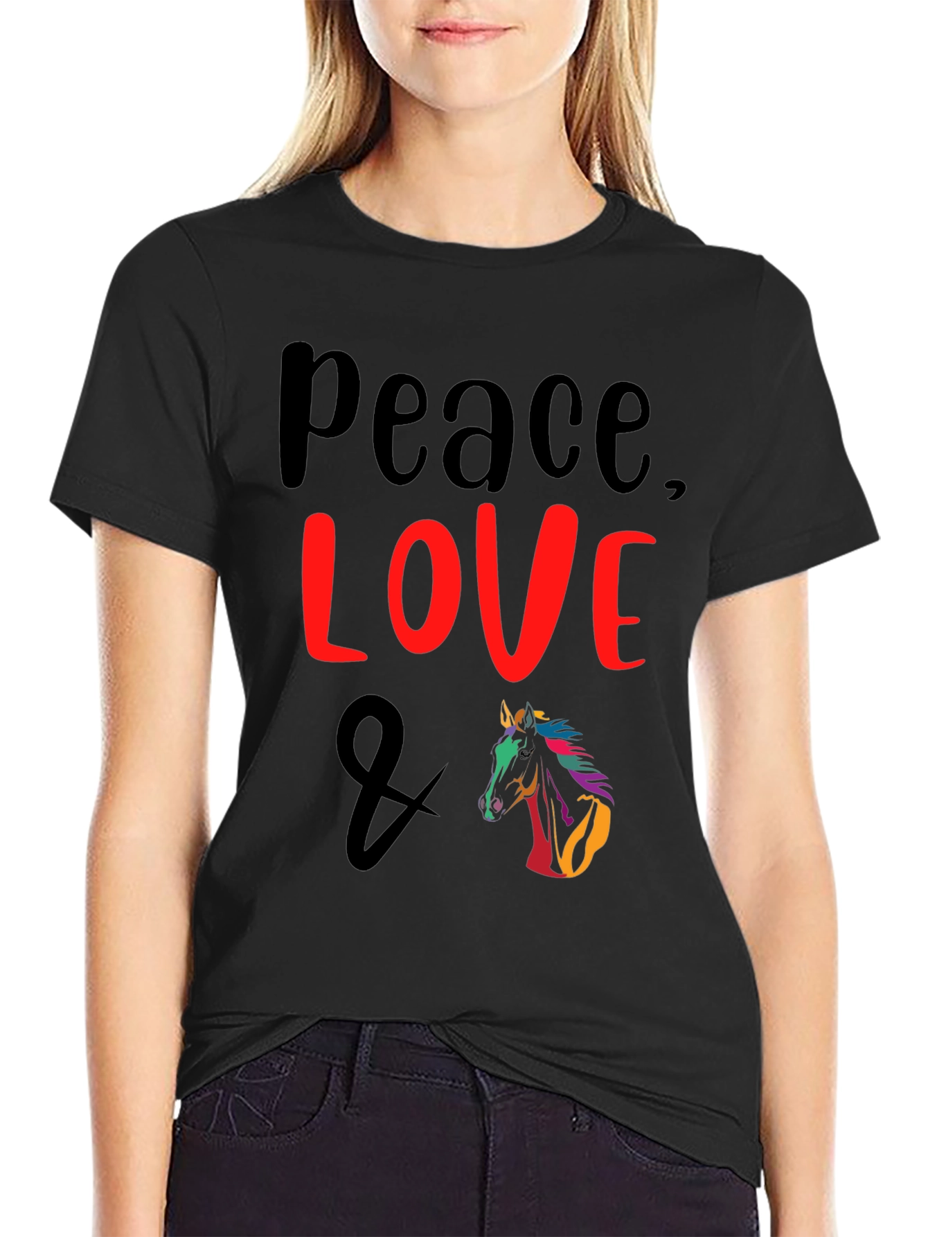 Black Peace Love & Horse Graphic T-Shirt view 2