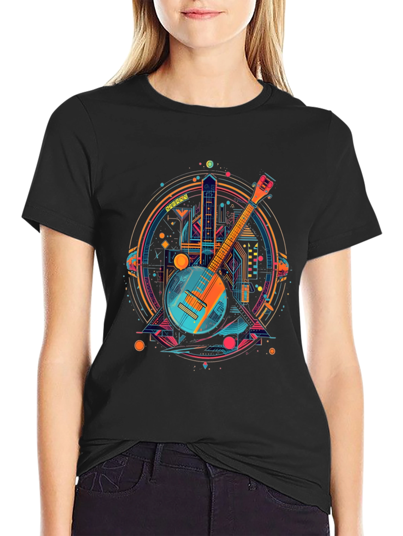 Black Neon Banjo Graphic T-Shirt - Unique Music Design view 2