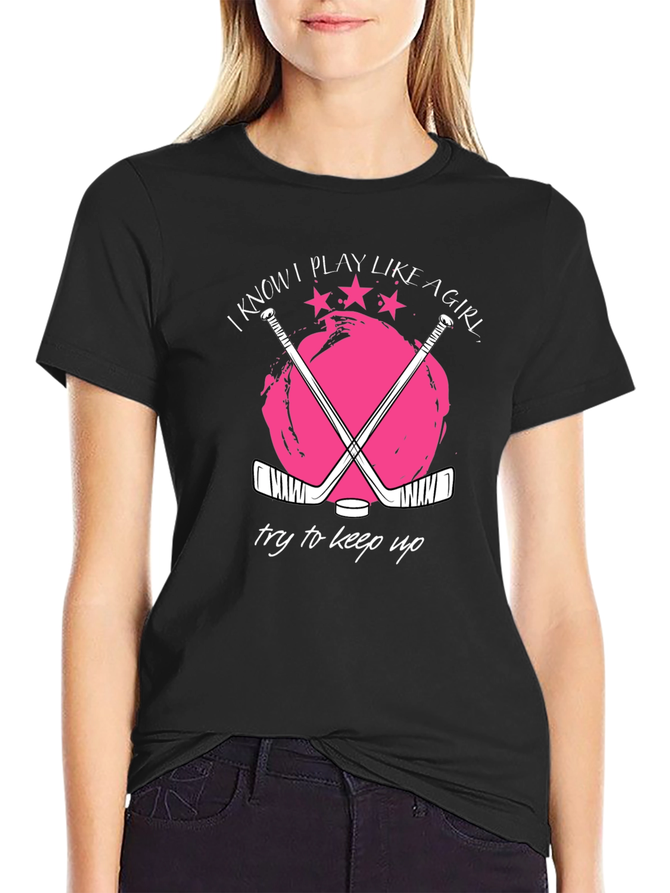 Black I Know I Play Like a Girl Hockey Graphic T-Shirt view 2