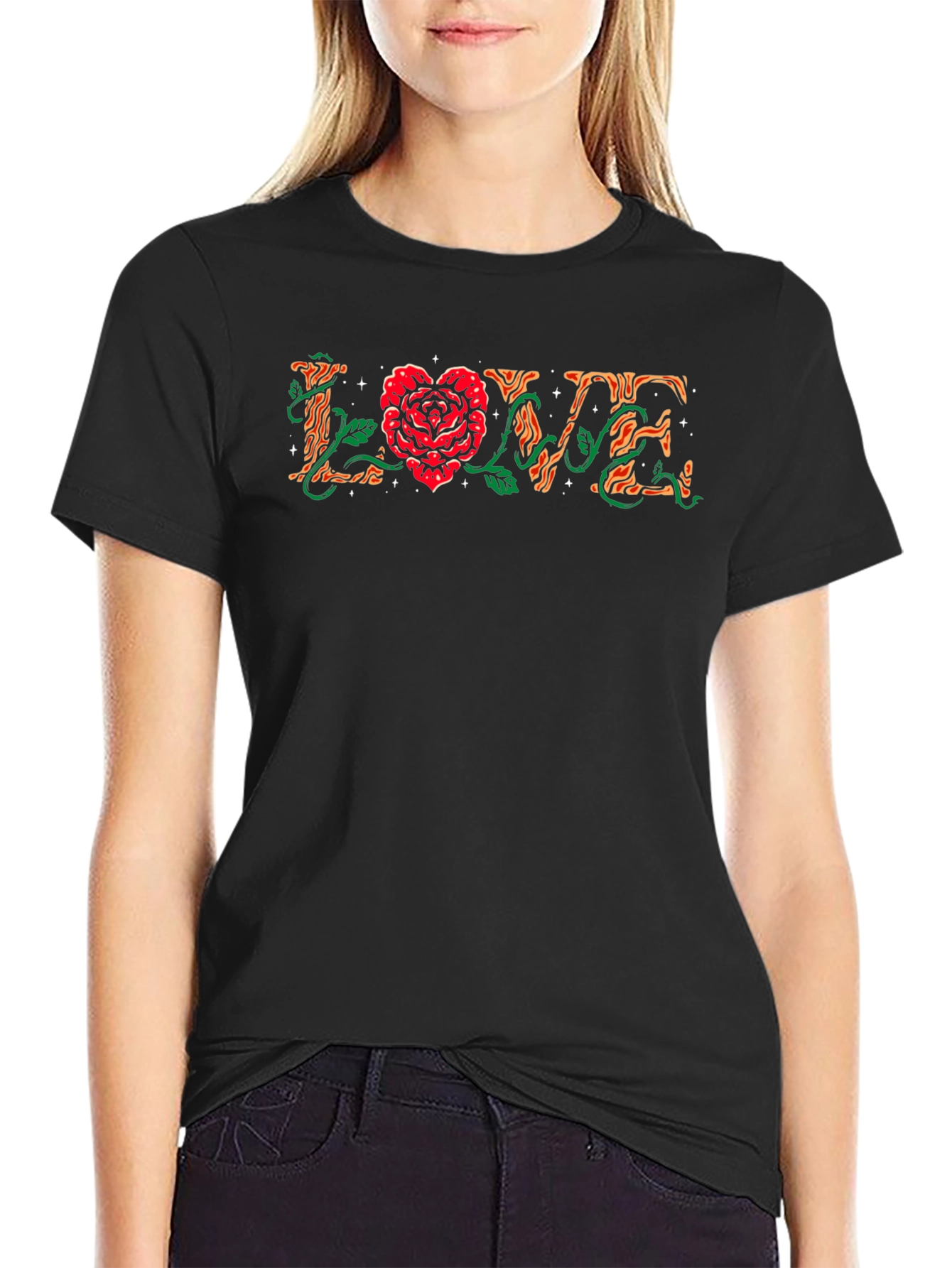 Black Love Rose Graphic Black Tee view 2