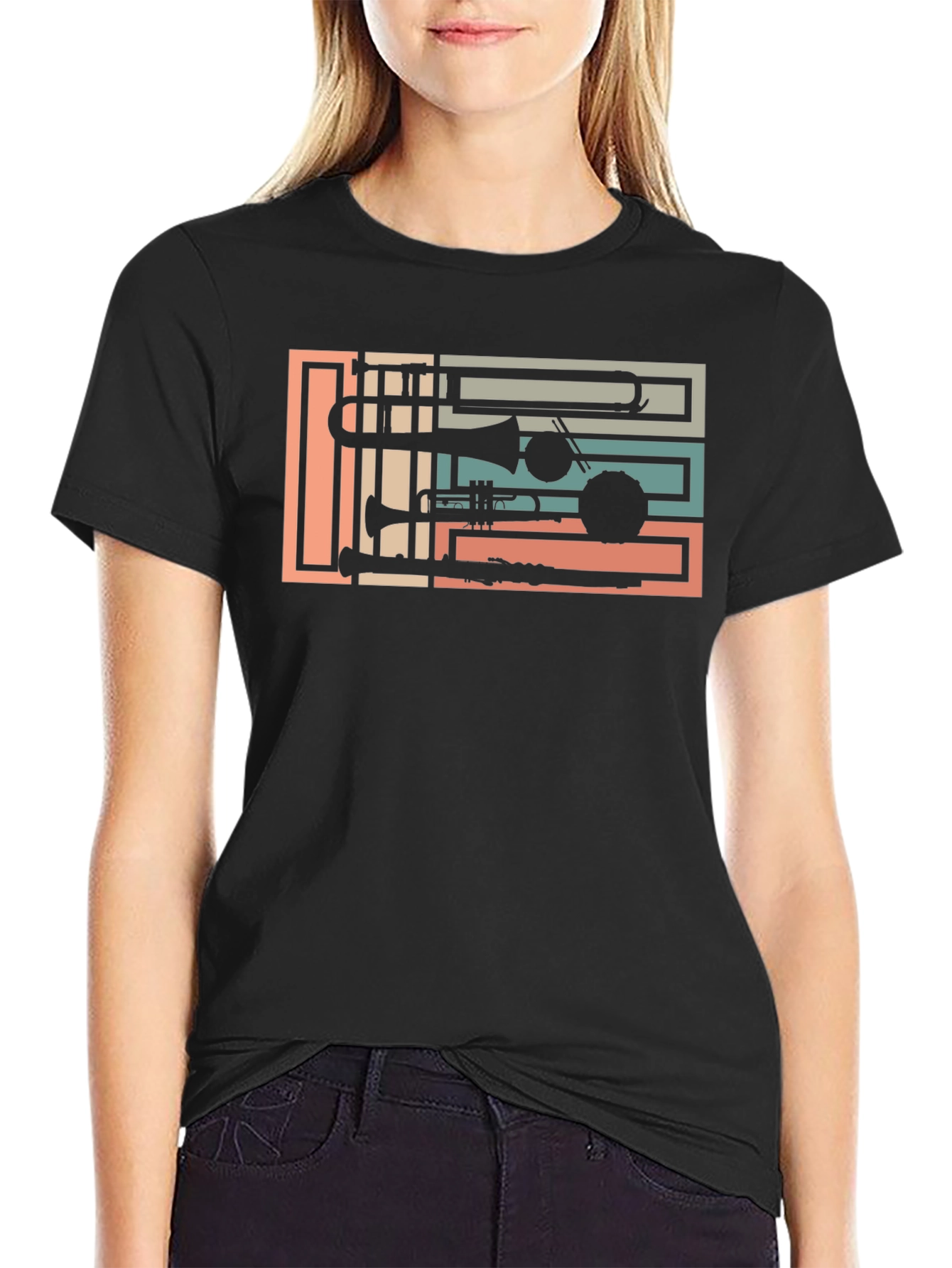 Black Retro Music Instrument Black Graphic Tee view 2
