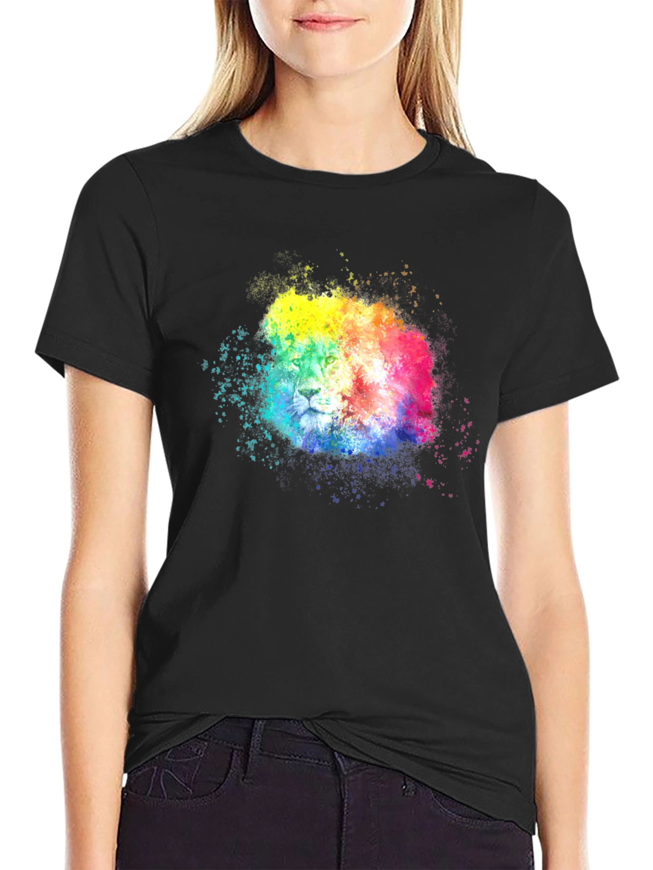 Black Rainbow Lion Splatter Graphic Tee - Black view 2