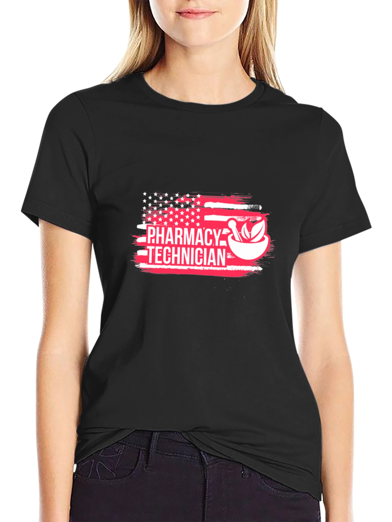 Black Pharmacy Technician American Flag Graphic T-Shirt view 2