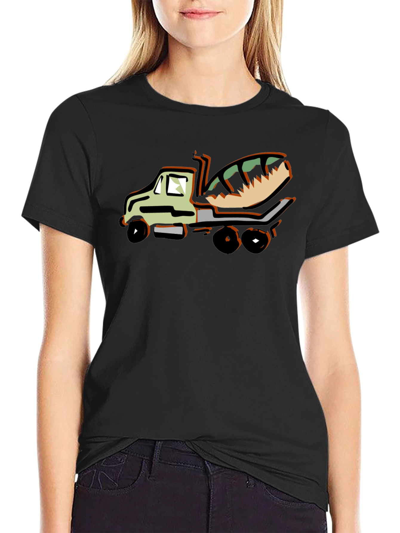 Black Cartoon Concrete Mixer Truck Graphic T-Shirt view 2