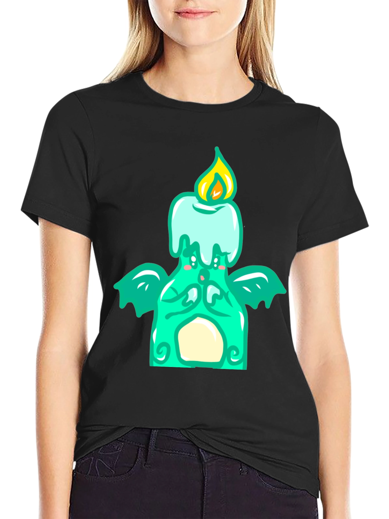 Black Whimsical Candle Dragon Graphic Tee view 2