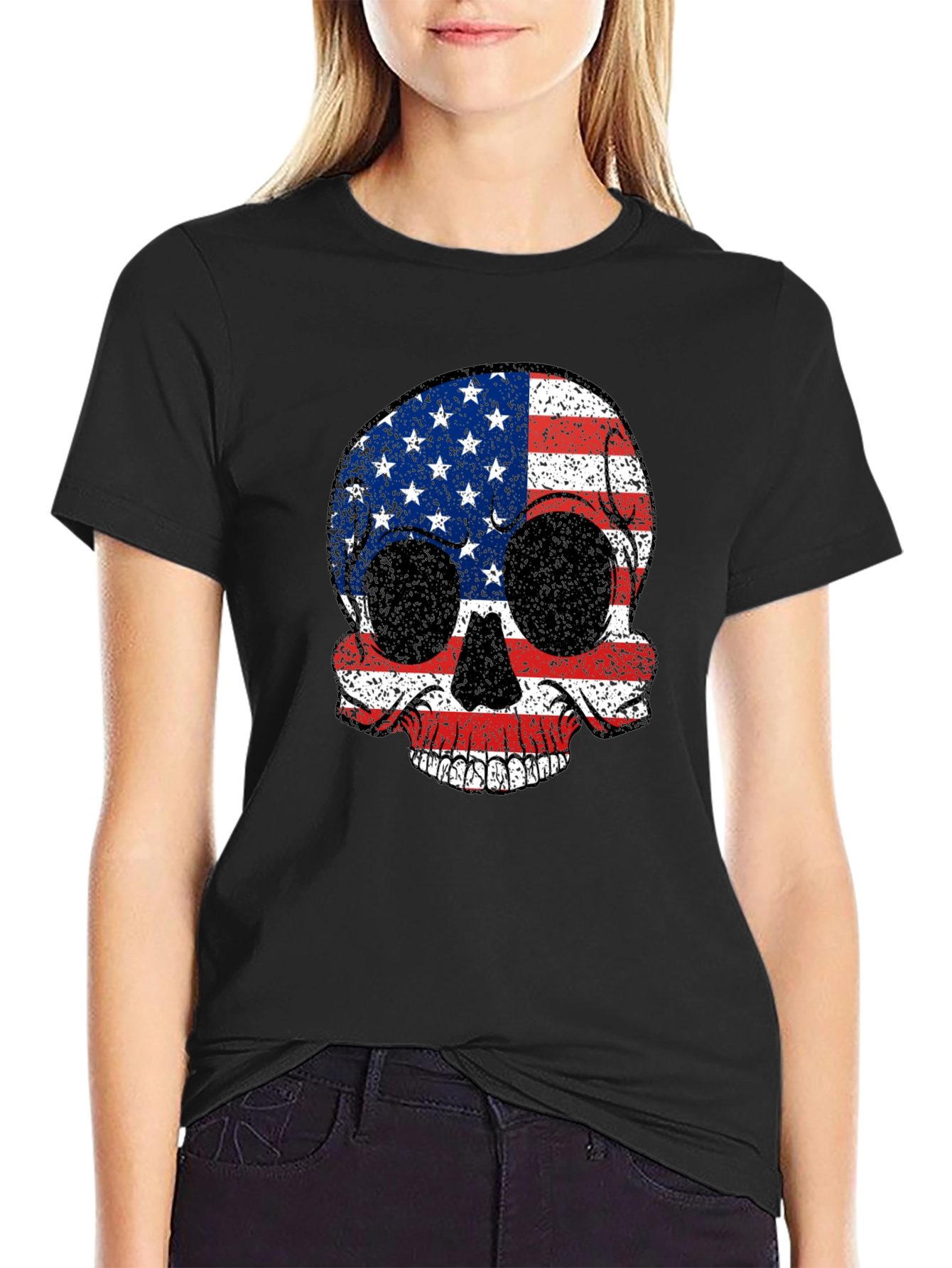 Black American Flag Skull Graphic Tee - Patriotic Style view 2