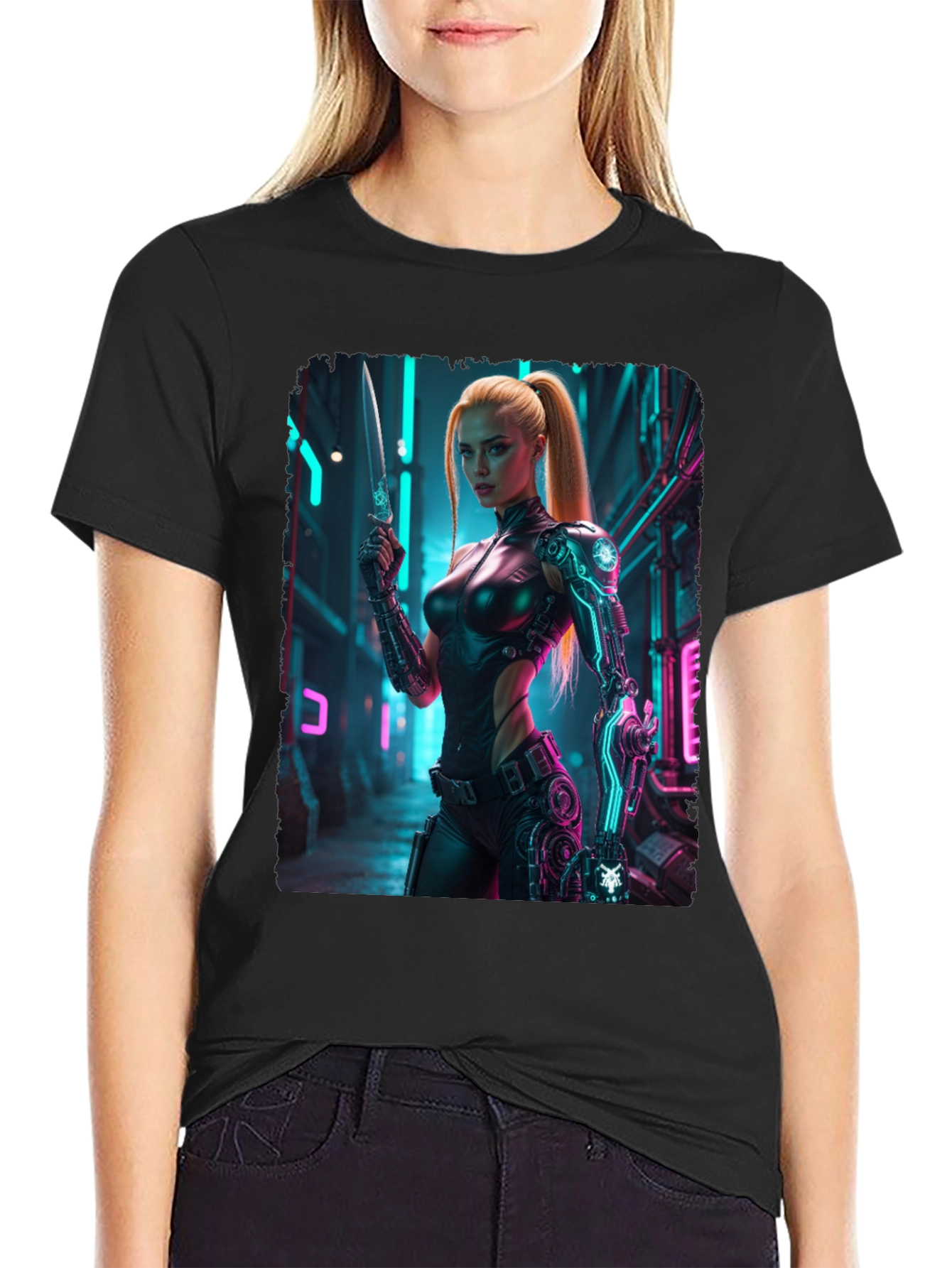 Black Cyberpunk Girl T-Shirt - Sci-Fi Warrior Tee view 2