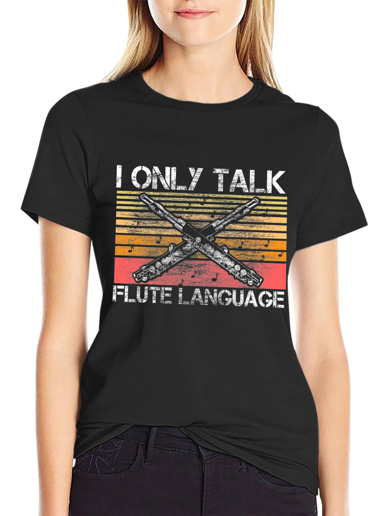 Black I Only Talk Flute Language T-Shirt - Musician Tee view 2