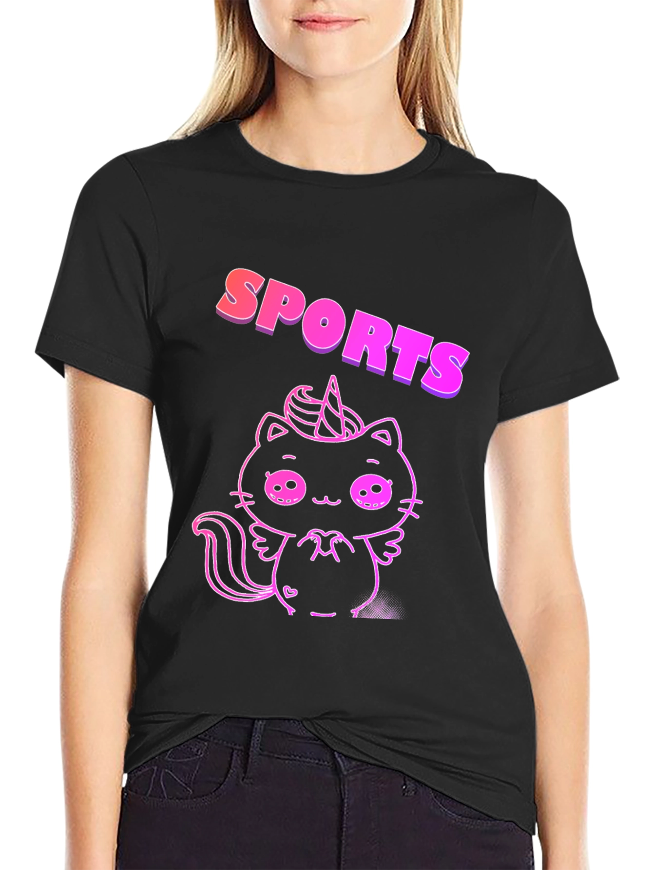 Black SPORTS Cat Unicorn Black T-Shirt view 2