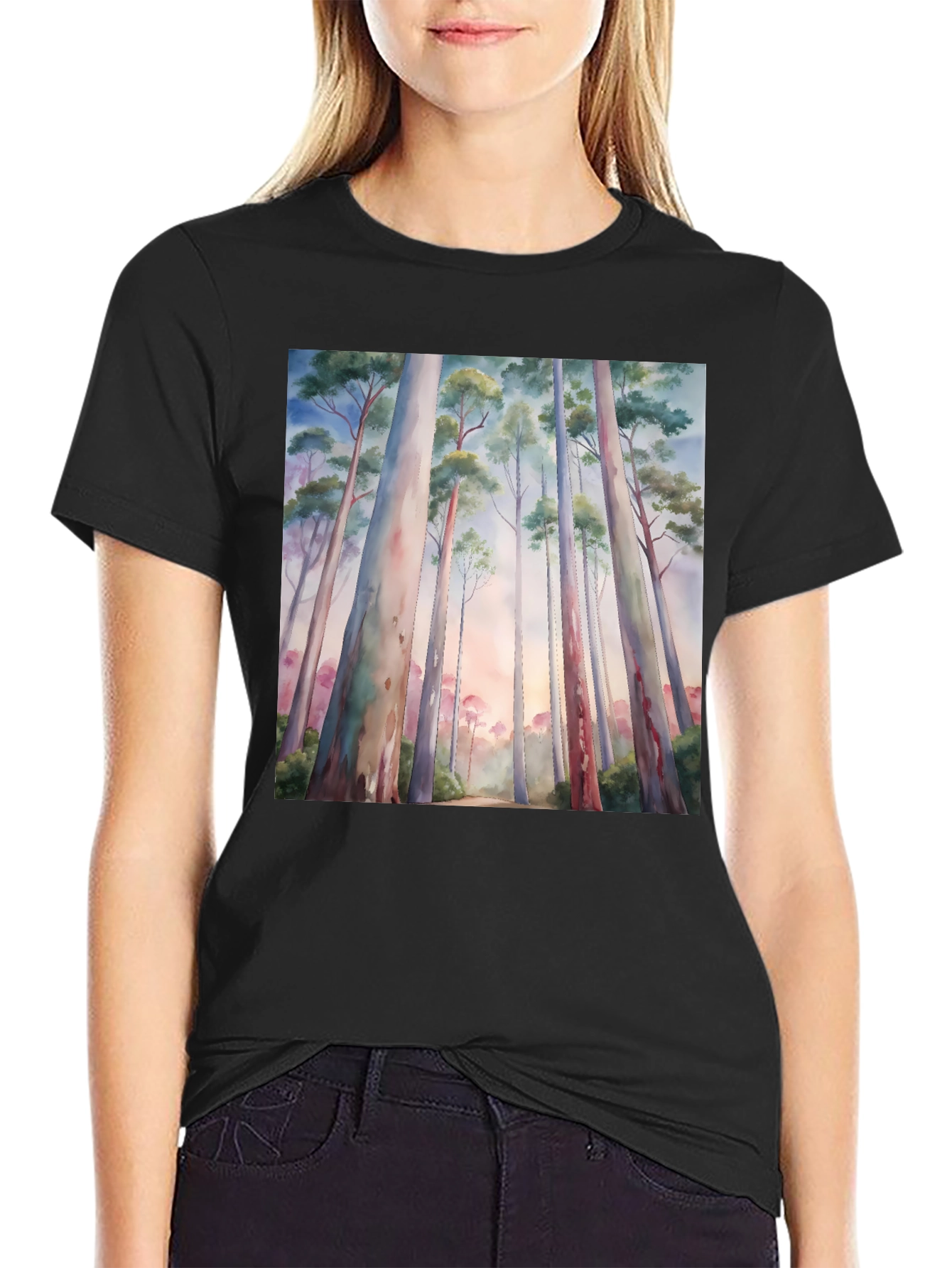 Black Eucalyptus Forest Watercolor Graphic Tee view 2