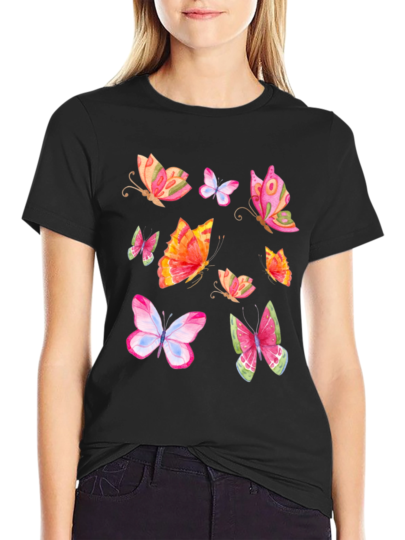 Black Butterfly Print Black T-Shirt view 2
