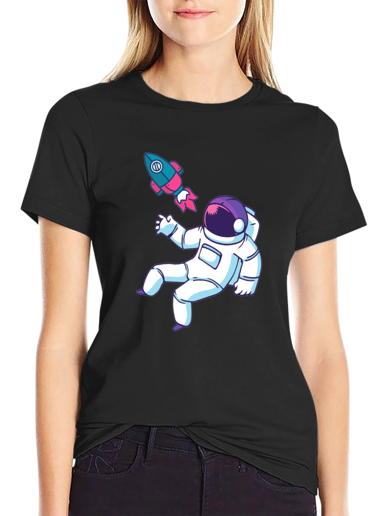 Black Astronaut & Rocket Graphic Tee - Black Cotton T-Shirt view 2