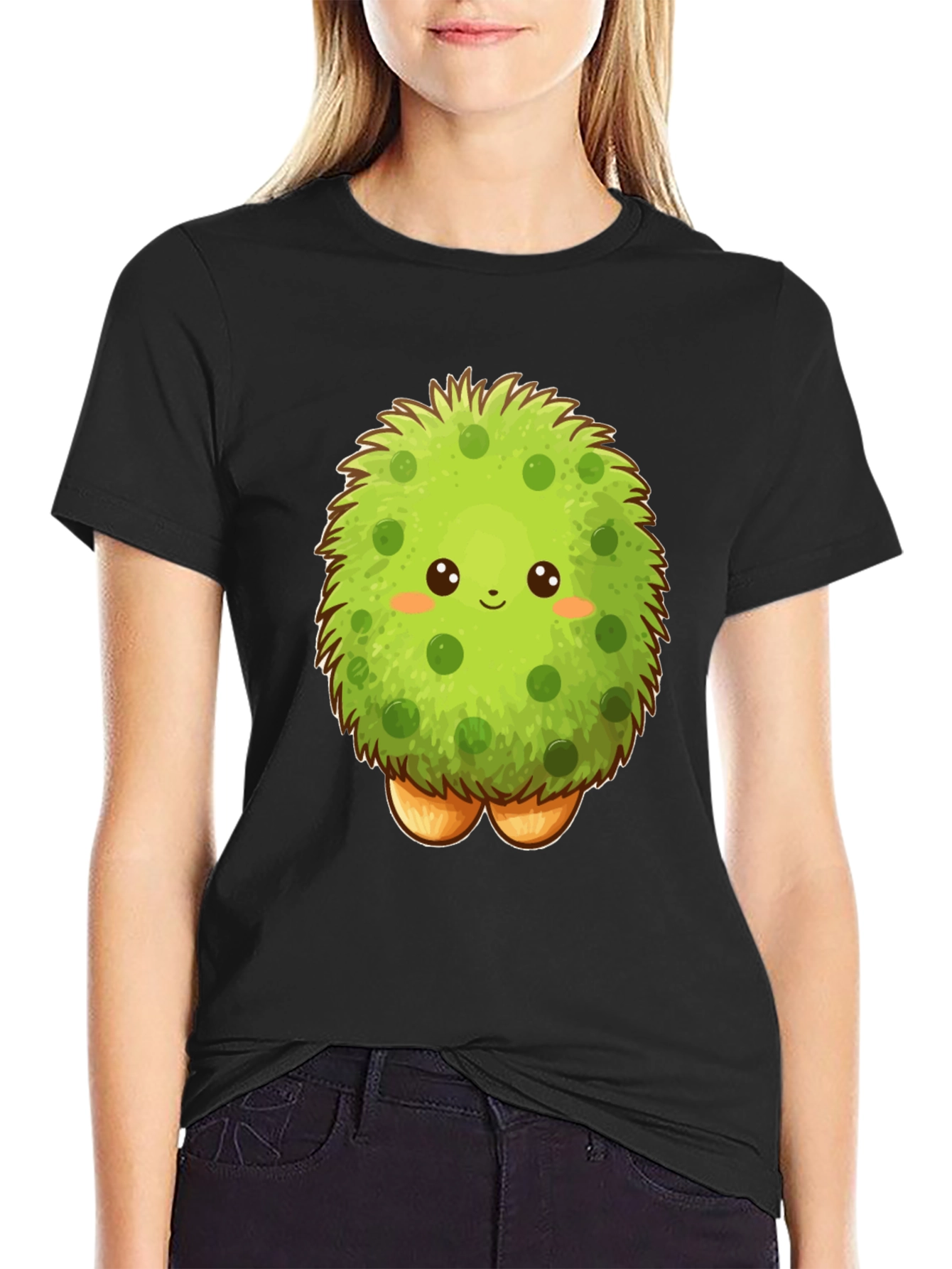 Black Cute Fluffy Green Monster Graphic T-Shirt view 2