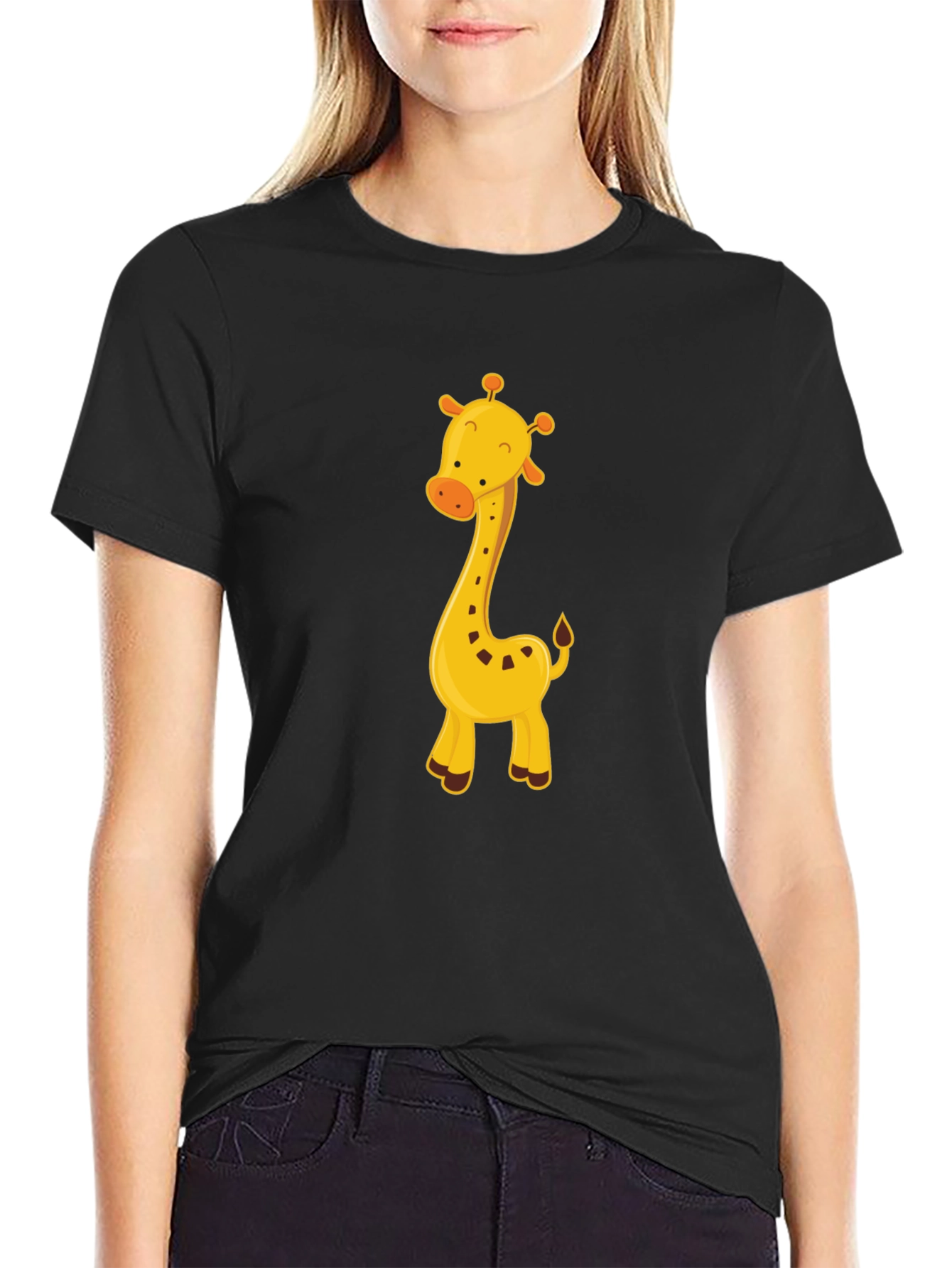 Black Cute Giraffe Graphic Tee - Black Cotton Blend view 2