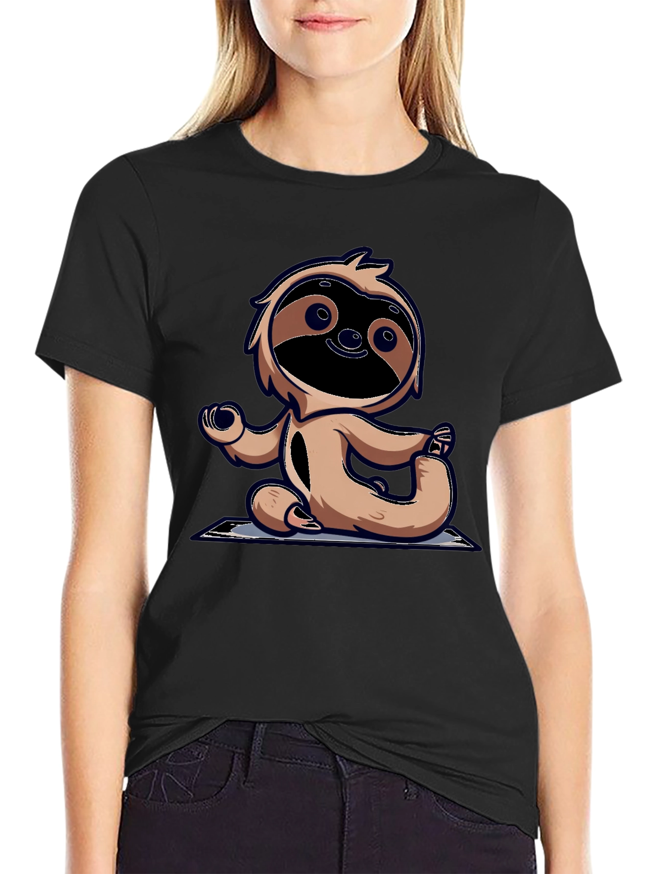 Black Yoga Sloth Graphic Tee - Relaxed Fit Black T-Shirt view 2