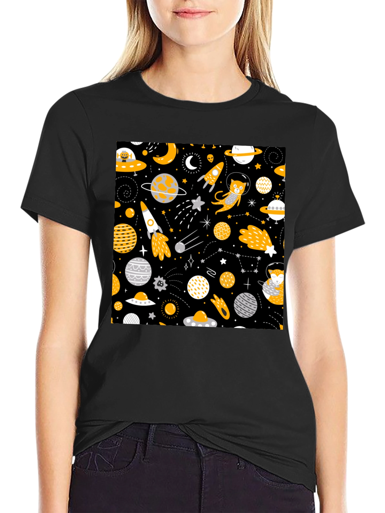 Black Space Cat Graphic T-Shirt view 2
