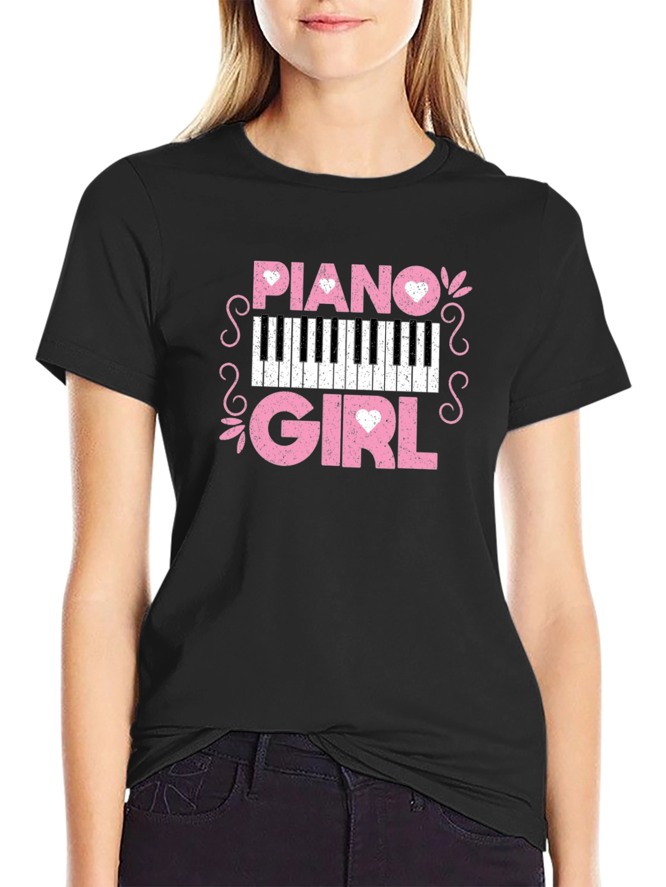 Black Piano Girl Graphic Tee - Music Lover T-Shirt view 2
