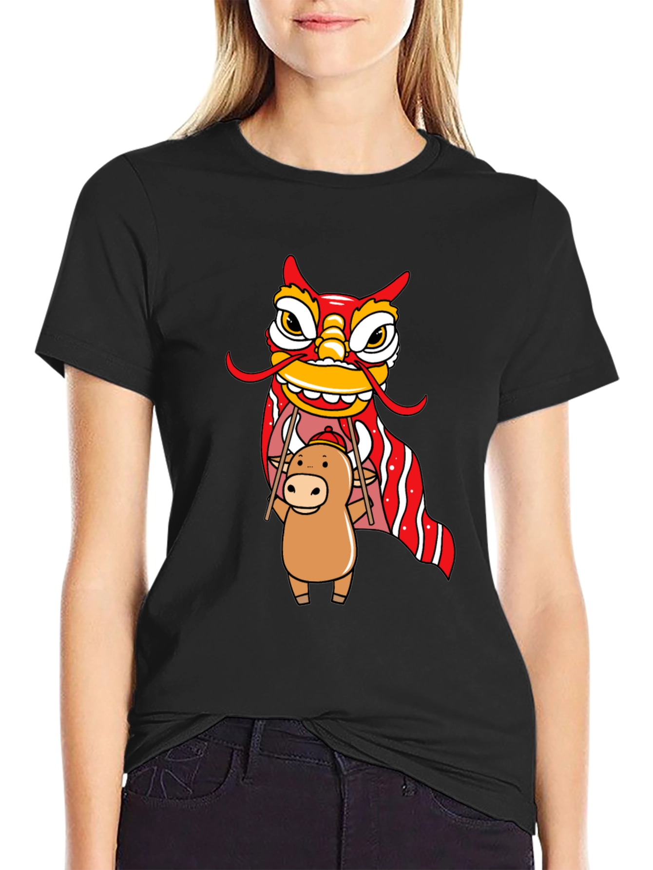 Black Cute Ox & Lion Dance Graphic T-Shirt view 2