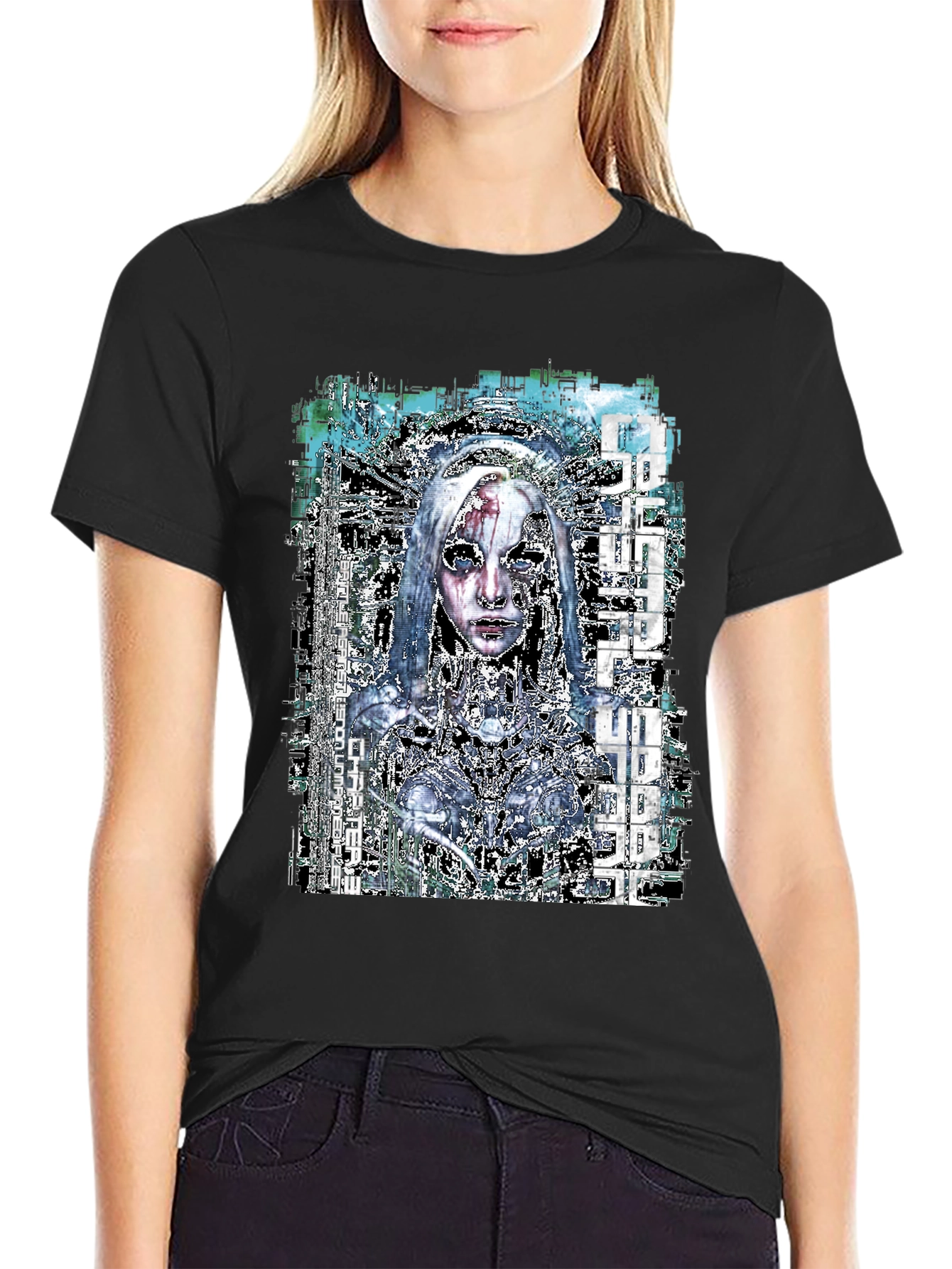 Black Cyberpunk Anime Graphic Black T-Shirt view 2