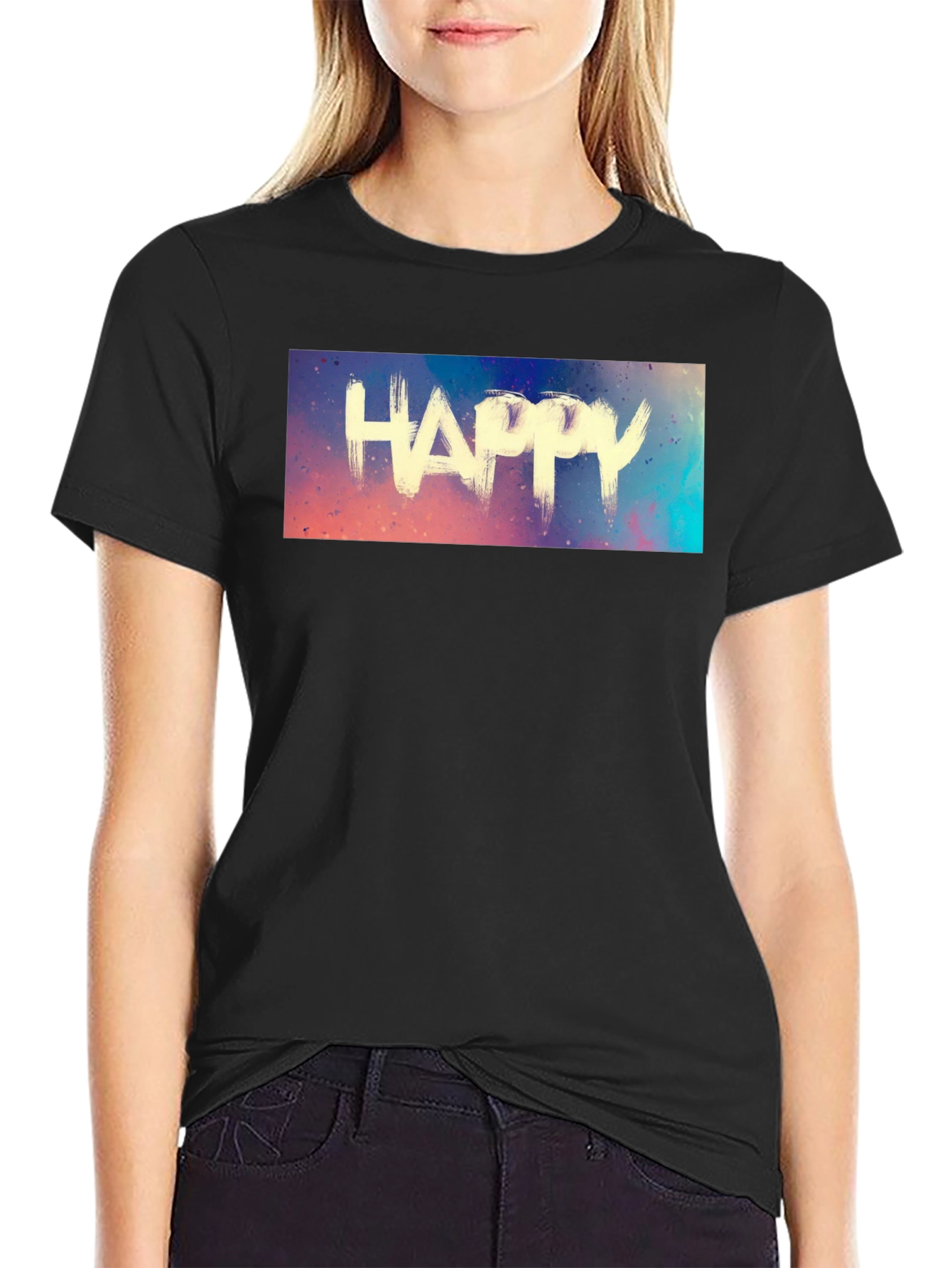 Black Happy Graphic Tee - Black Cotton Casual Shirt view 2