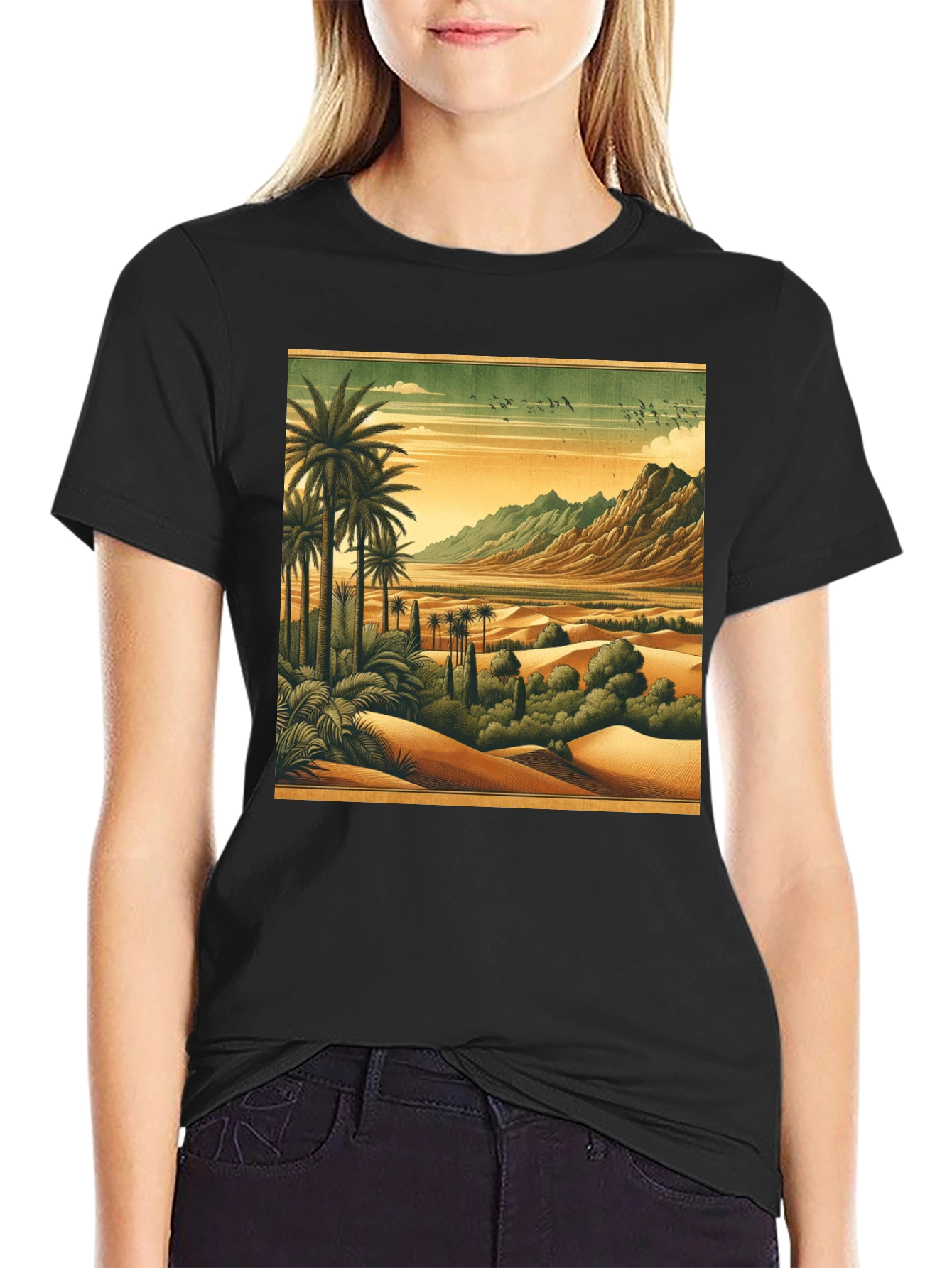 Black Retro Desert Oasis Graphic T-Shirt view 2