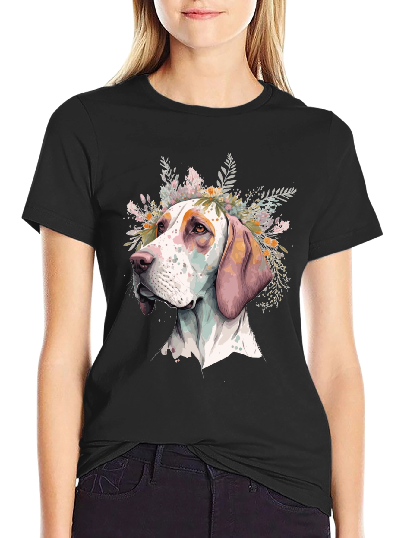 Black Dog with Flowers Graphic Tee - Unisex Black T-Shirt view 2