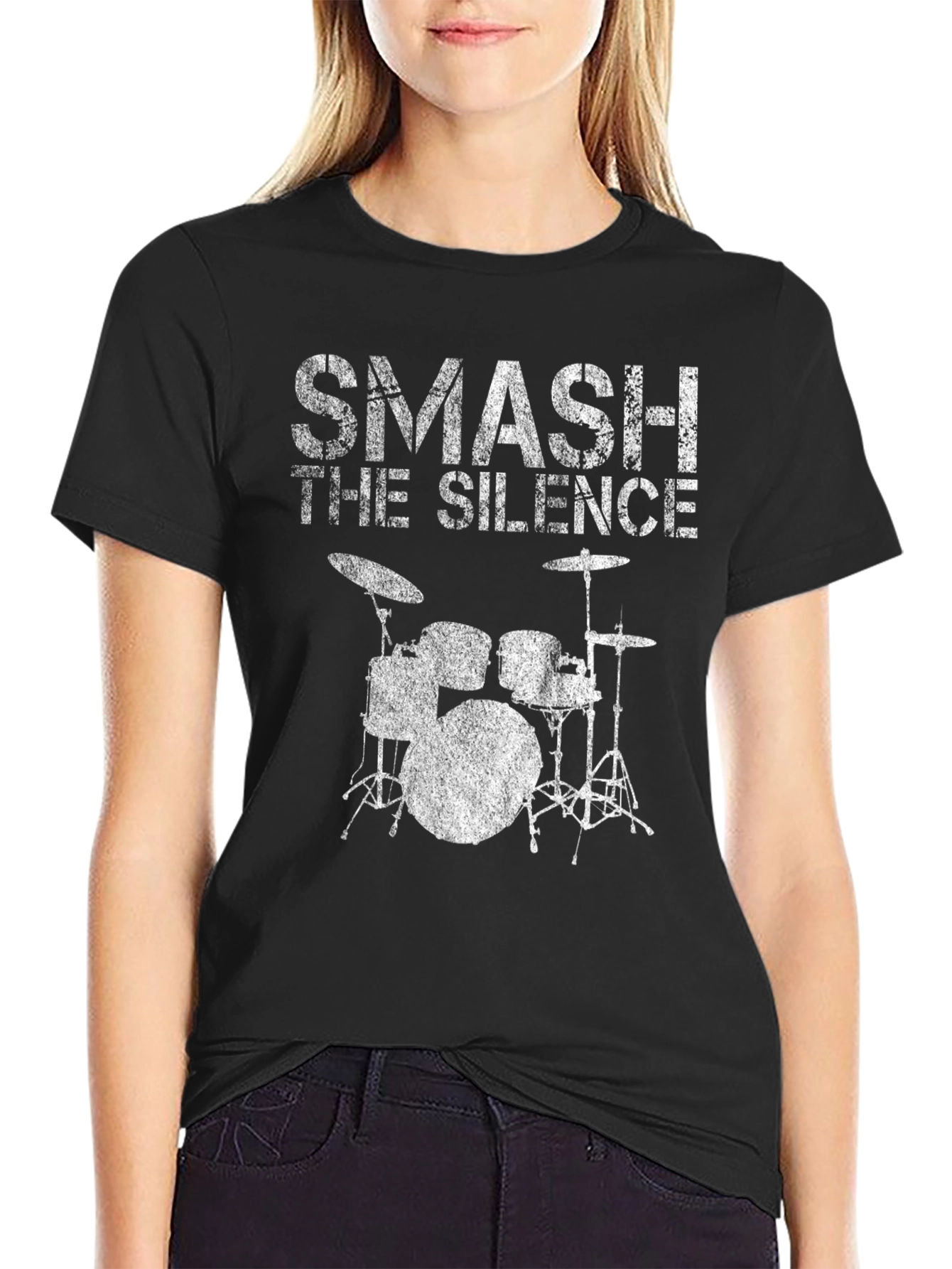 Black Smash the Silence Drum Set Black Graphic T-Shirt view 2