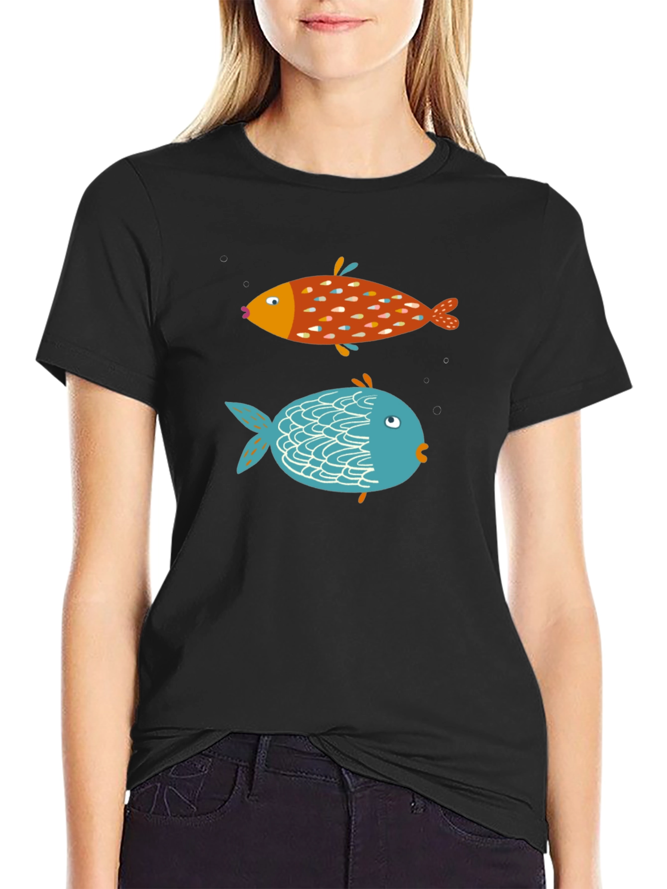 Black Fun Fish Graphic Tee - Black Cotton T-Shirt view 2