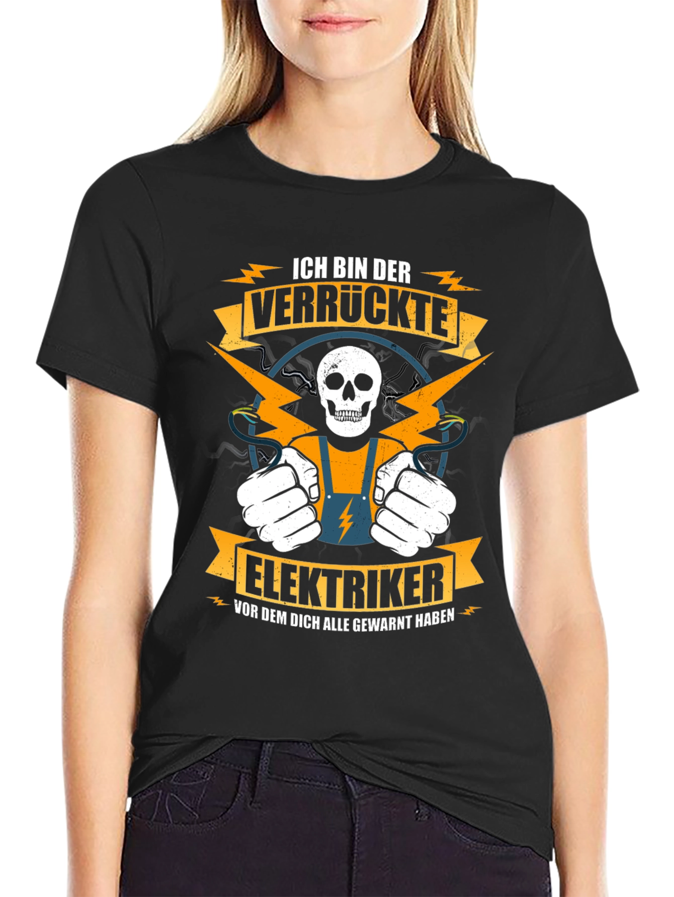 Black Crazy Electrician T-Shirt - Funny Skull Design view 2