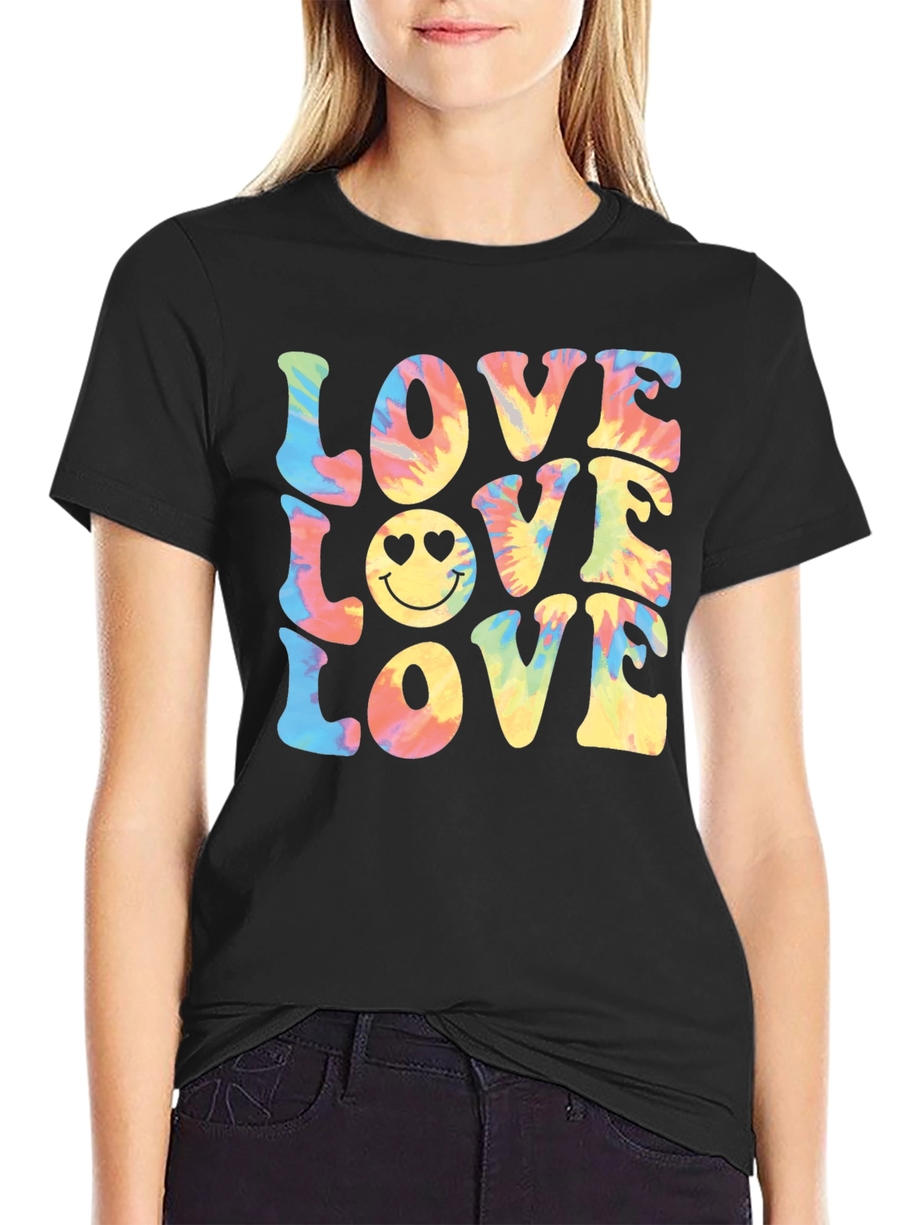 Black Tie-Dye Love Smiley Face T-Shirt view 2