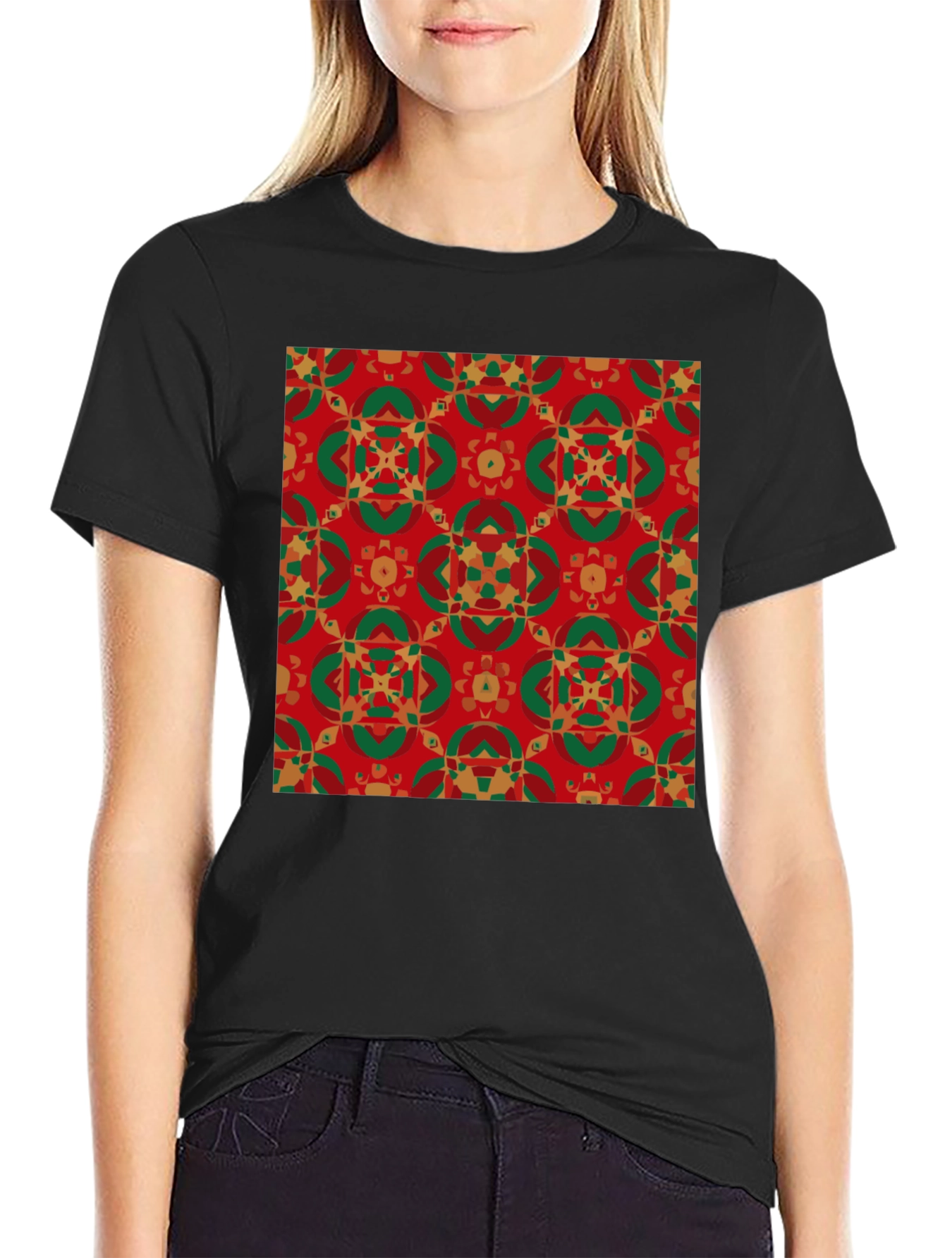 Black Festive Patterned Crew Neck T-Shirt view 2