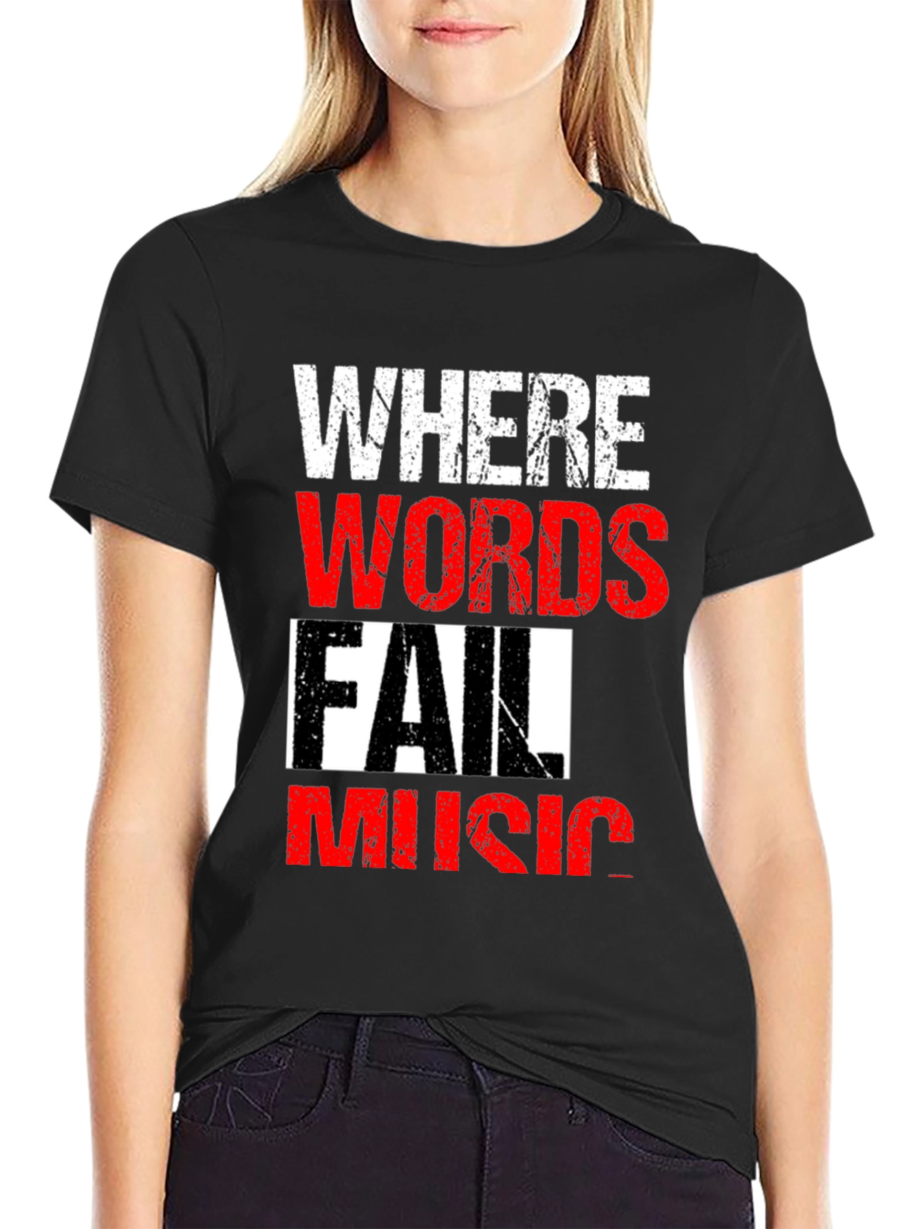 Black Where Words Fail Music Men's Black T-Shirt view 2