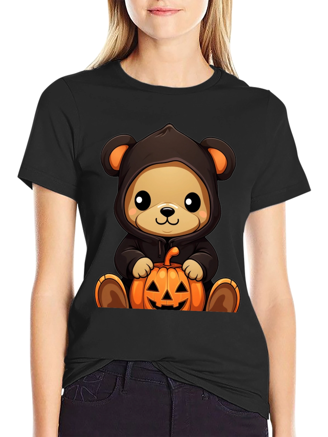 Black Halloween Teddy Bear Pumpkin T-Shirt view 2