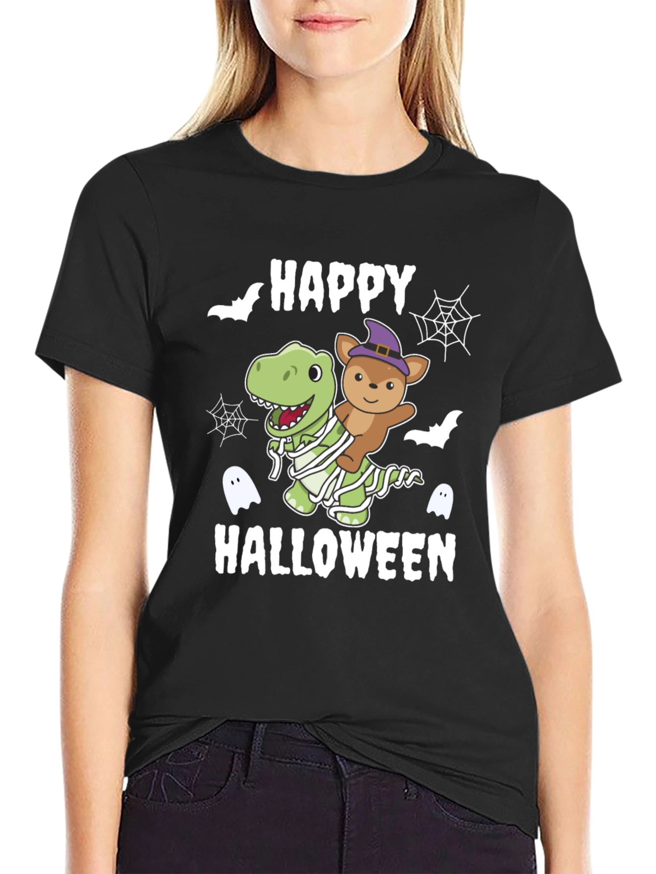 Black Happy Halloween Dinosaur & Teddy T-Shirt view 2
