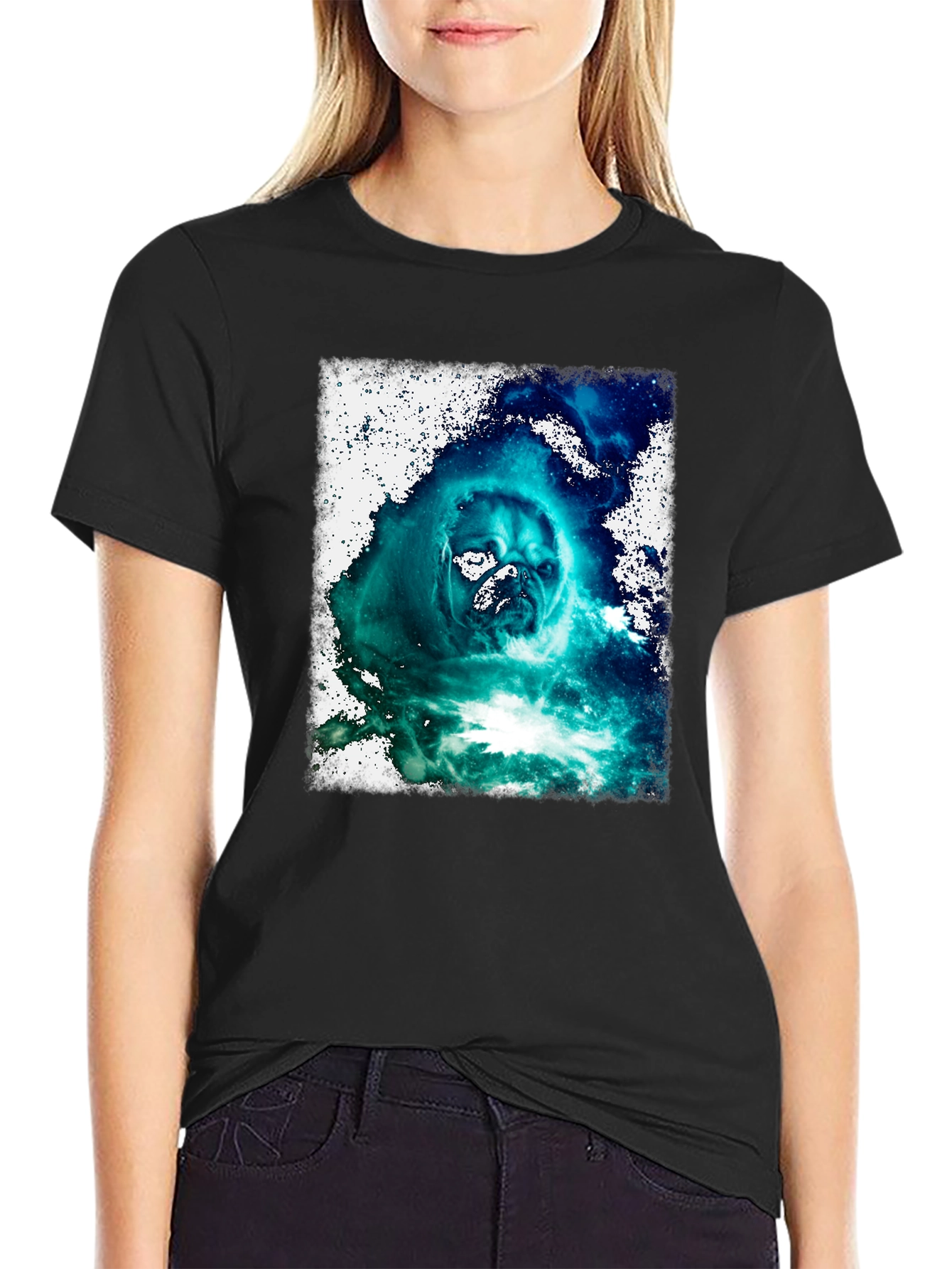 Black Cosmic Pug Graphic Black T-Shirt view 2
