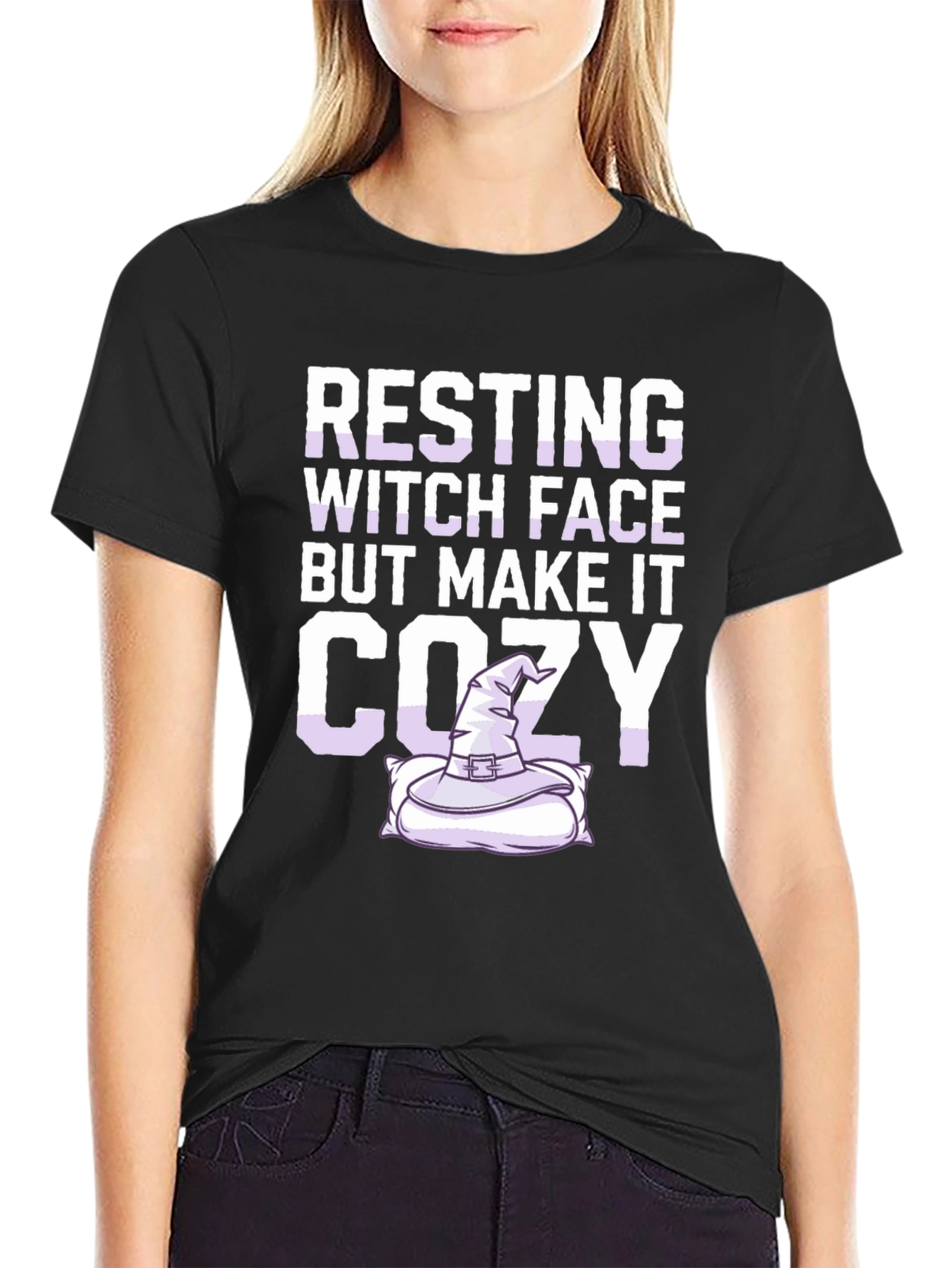 Black Resting Witch Face Cozy T-Shirt - Halloween Apparel view 2
