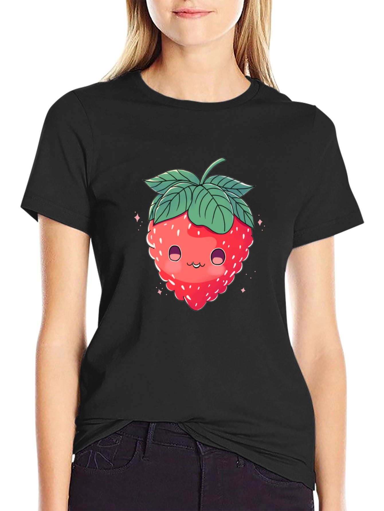 Black Cute Strawberry Graphic Black T-Shirt view 2