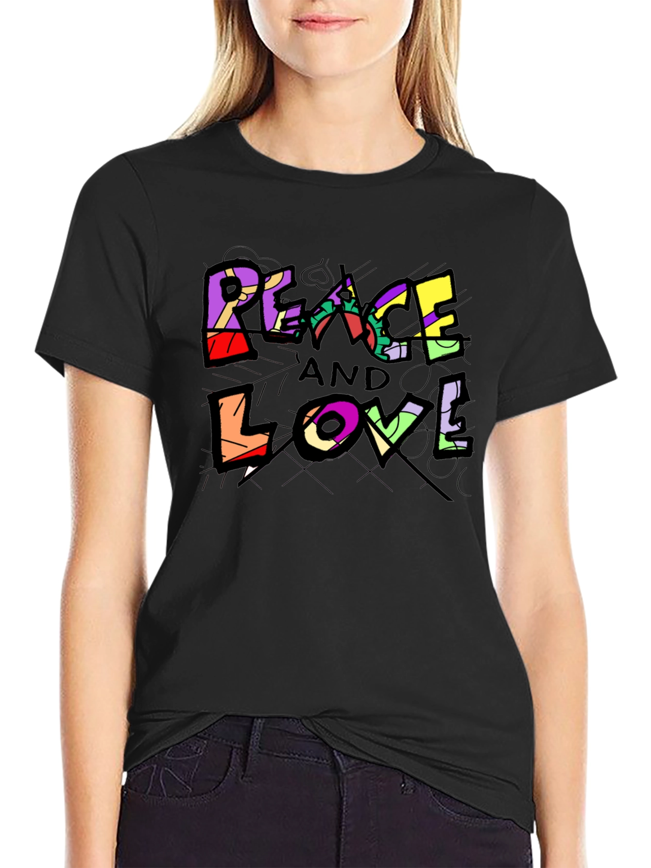 Black Peace and Love Graphic Tee - Black Unisex T-Shirt view 2