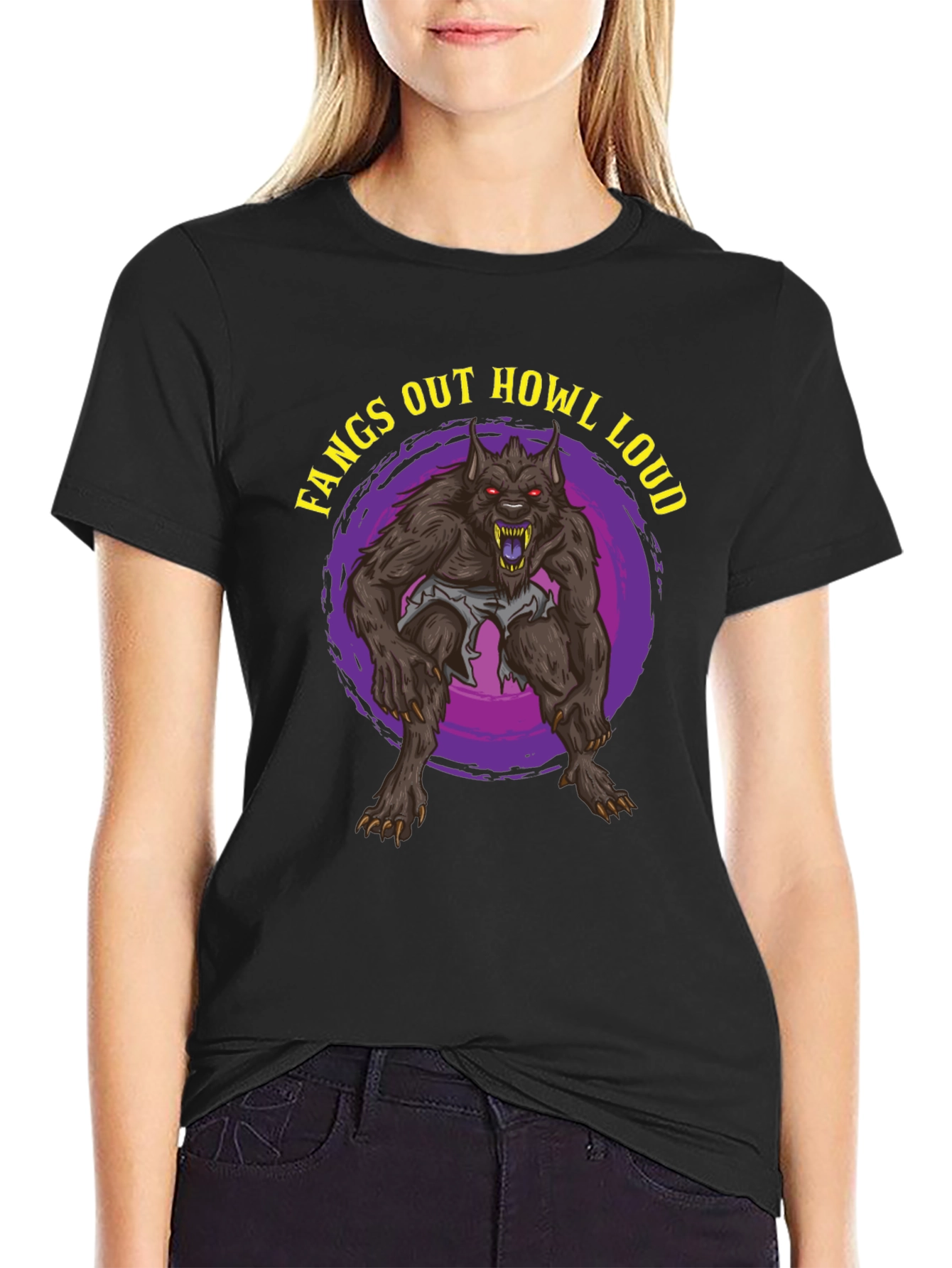 Black Fangs Out Howl Loud Werewolf T-Shirt view 2
