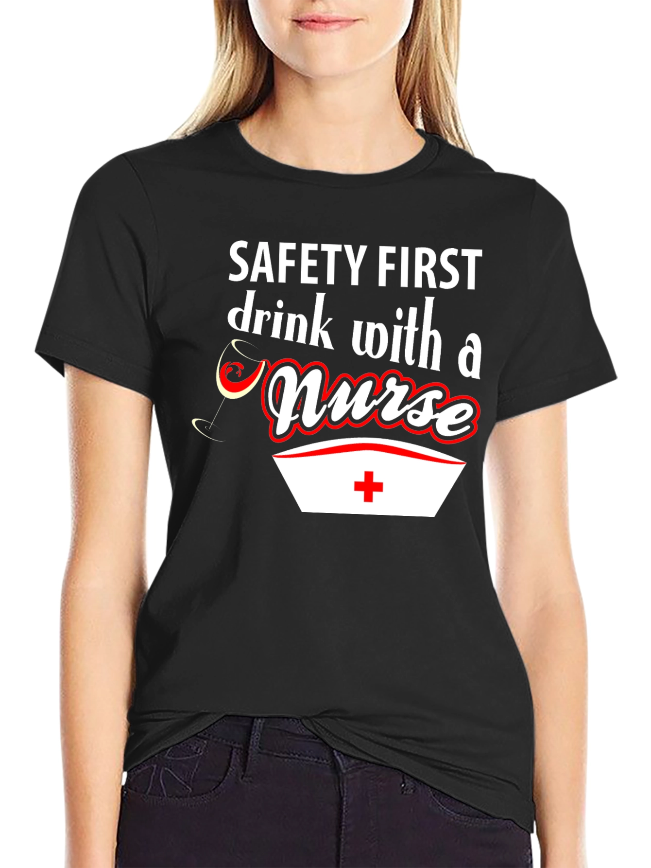 Black Safety First Drink With a Nurse T-Shirt view 2