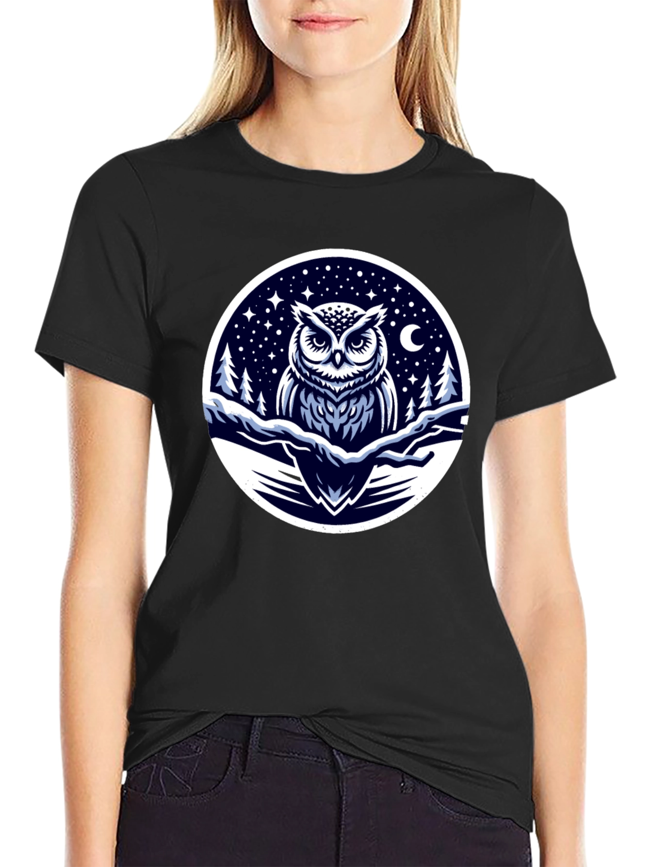 Black Owl Night Sky Graphic Tee - Black Cotton Blend view 2